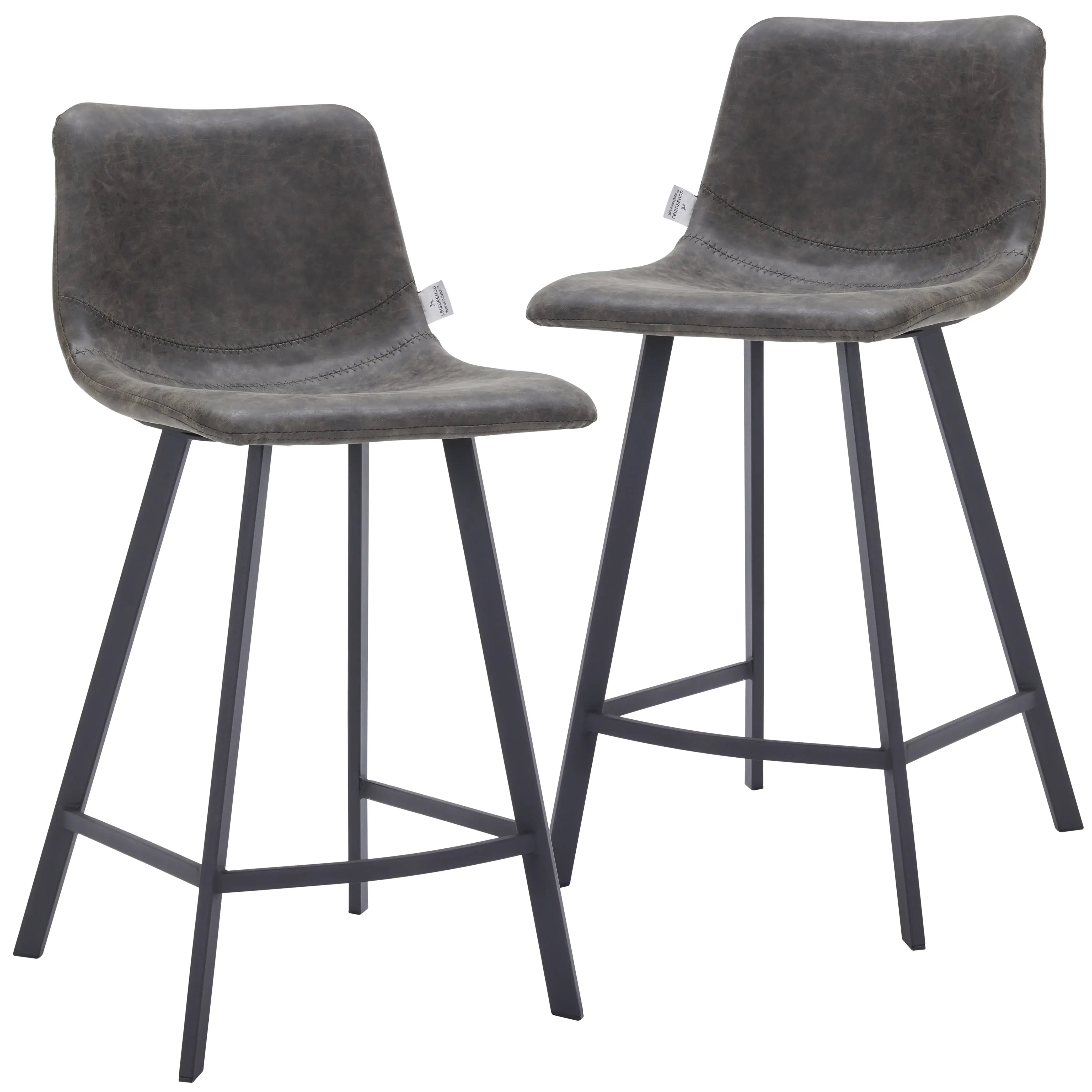 Elland Counter Stool in Leather Padded Seat in Black Stainless Steel Set of 2 - Elax Furniture