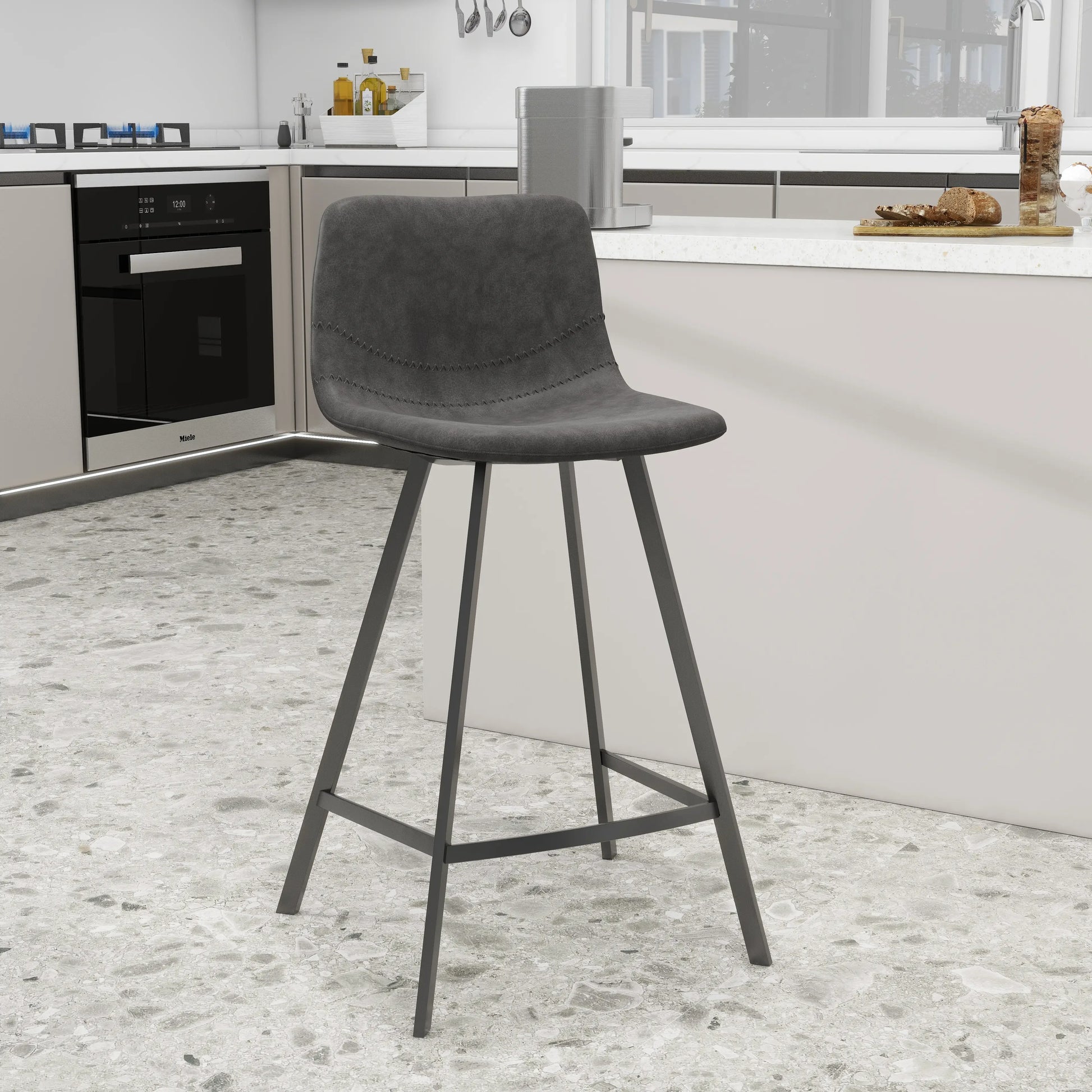 Elland Counter Stool in Leather Padded Seat in Black Stainless Steel Set of 2 - Elax Furniture