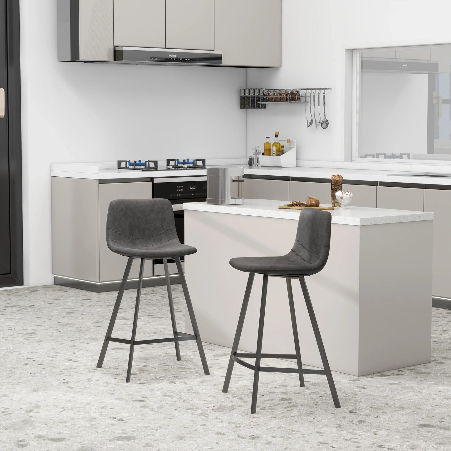 Elland Counter Stool in Leather Padded Seat in Black Stainless Steel Set of 2 - Elax Furniture