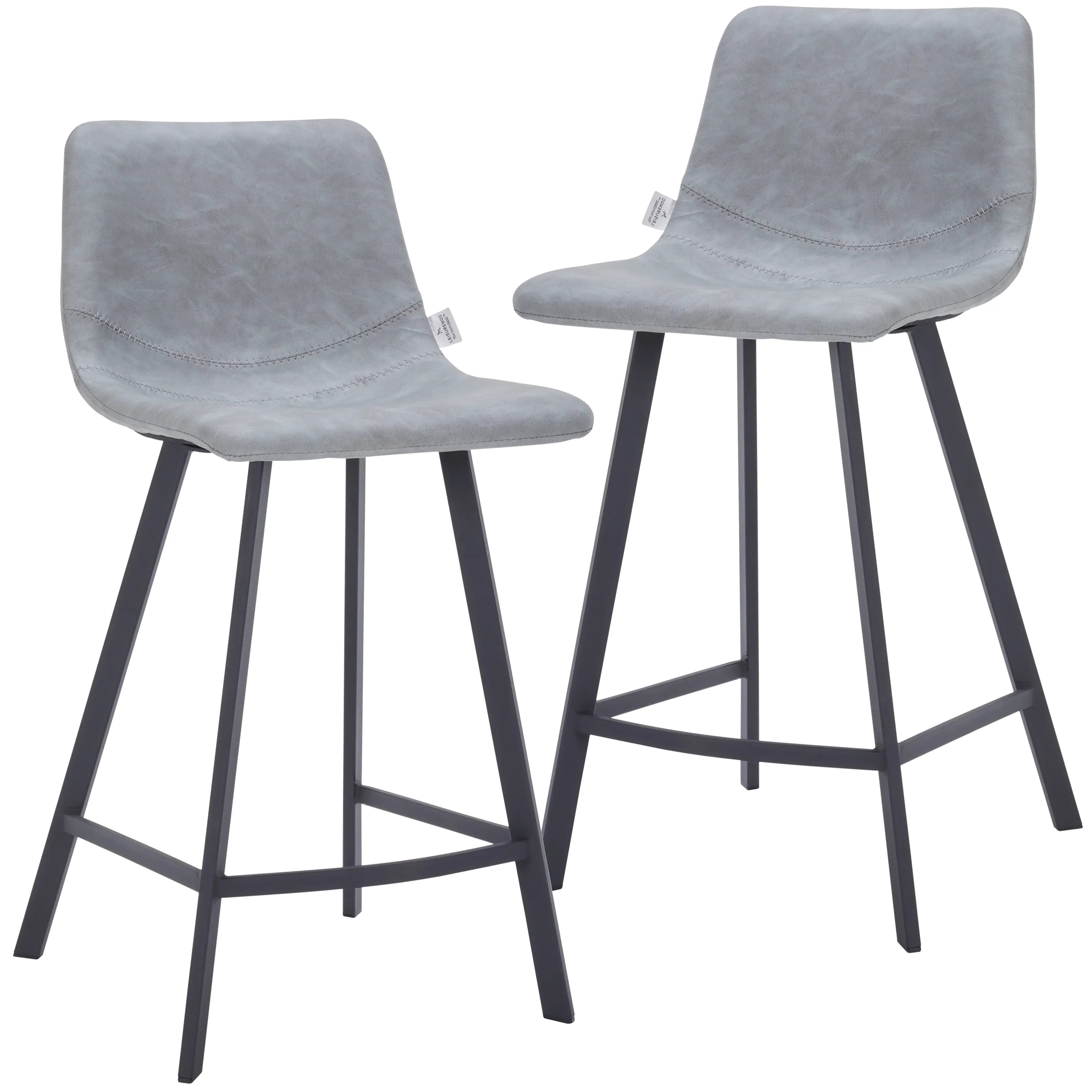 Elland Counter Stool in Leather Padded Seat in Black Stainless Steel Set of 2 - Elax Furniture