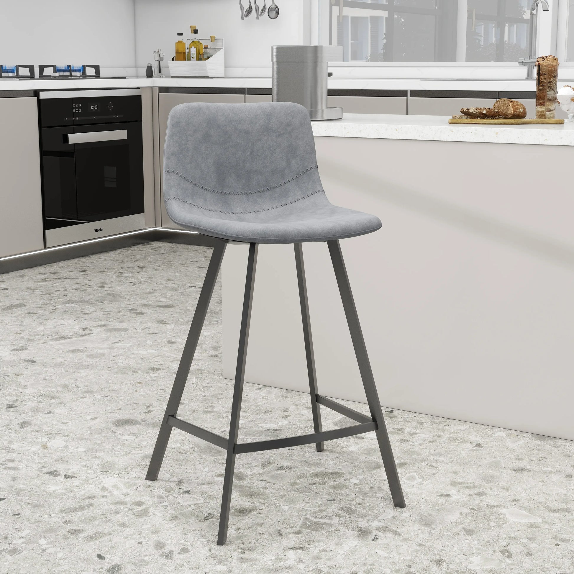 Elland Counter Stool in Leather Padded Seat in Black Stainless Steel Set of 2 - Elax Furniture
