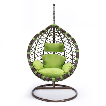 Single-Seater Wicker Hanging Egg Swing Chair with Green Cushion - Elax Furniture
