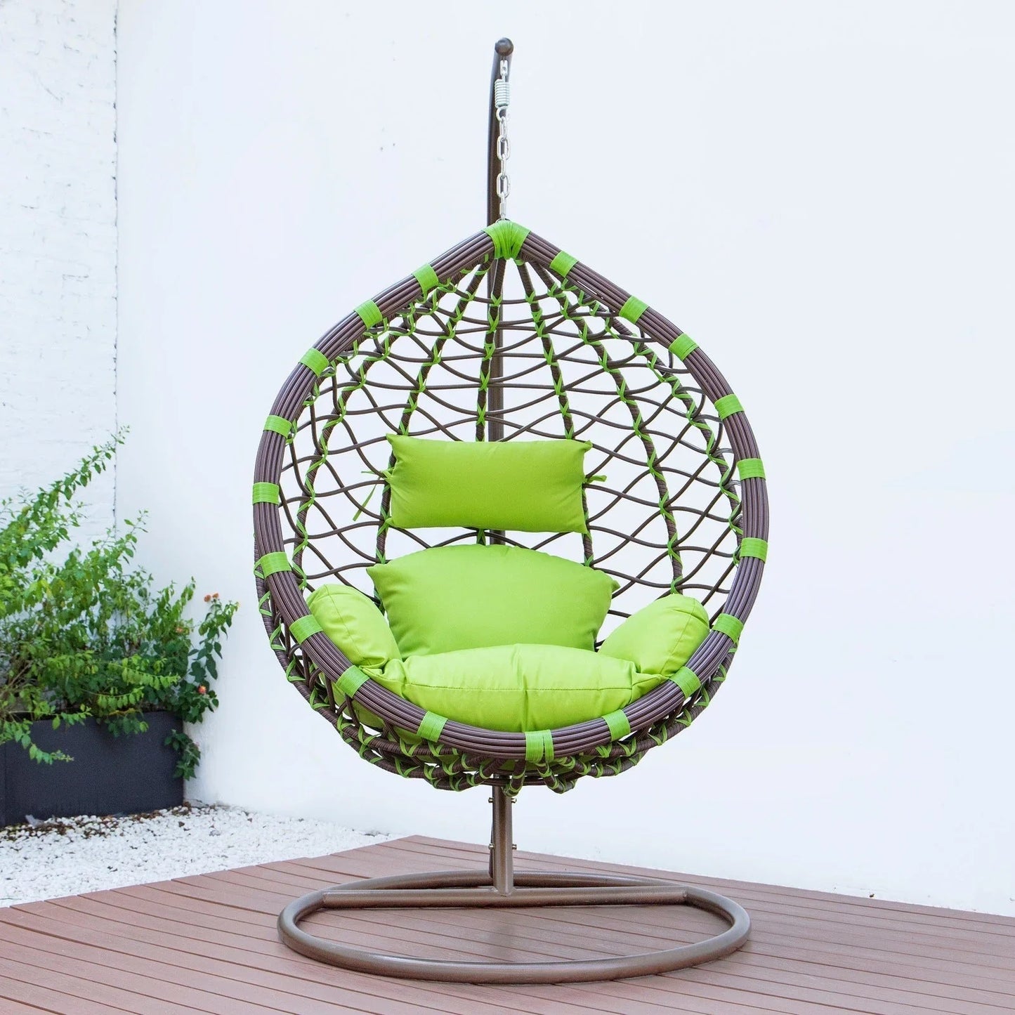 Single-Seater Wicker Hanging Egg Swing Chair with Green Cushion - Elax Furniture