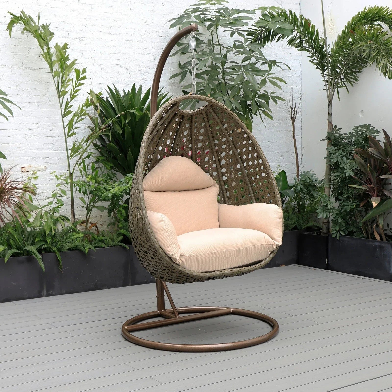 Beige Wicker Hanging Single Egg Swing Chair With Cushions - Elax Furniture