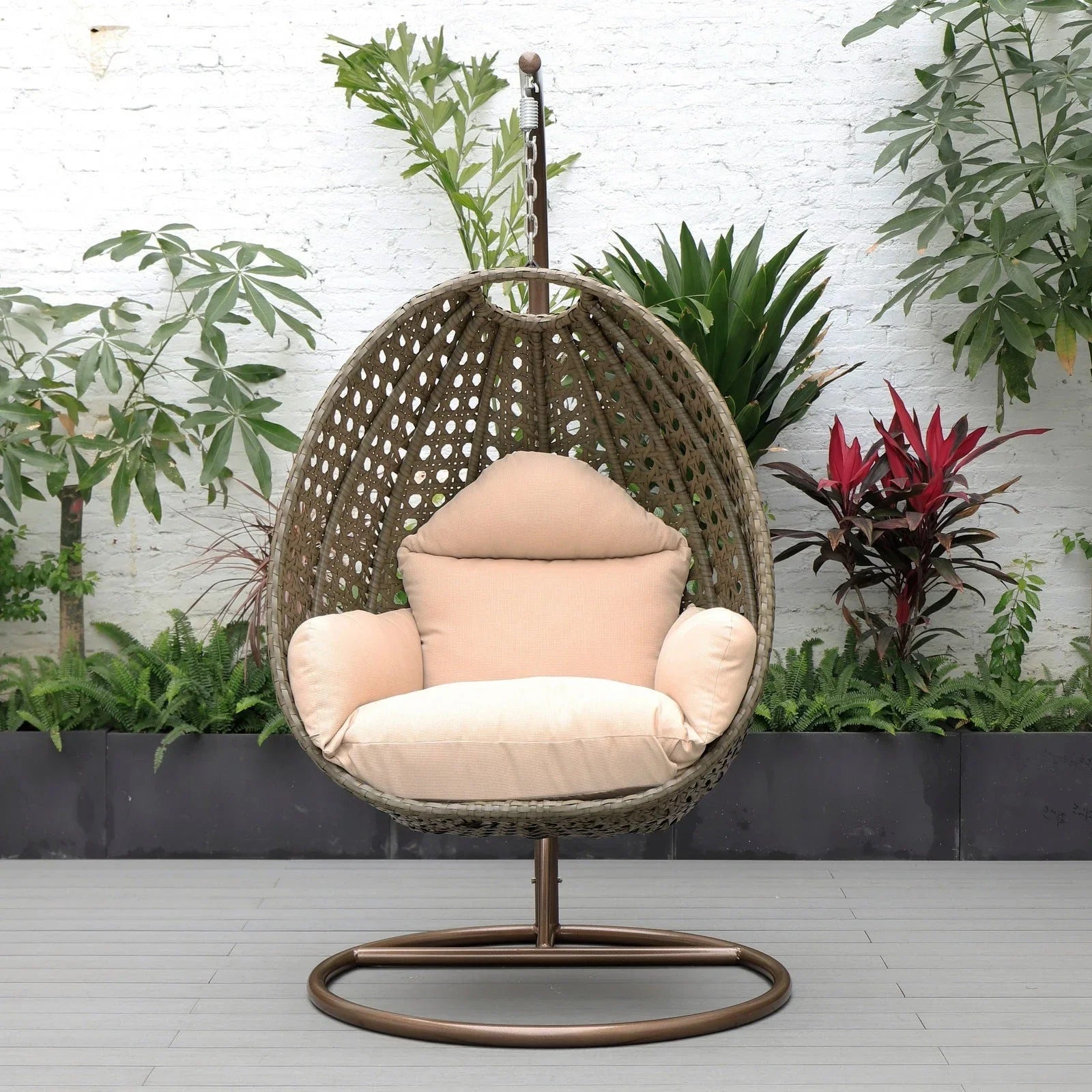 Beige Wicker Hanging Single Egg Swing Chair With Cushions - Elax Furniture