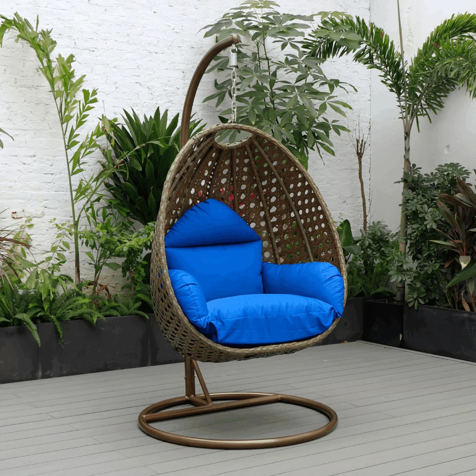 Beige Wicker Hanging Single Egg Swing Chair With Cushions - Elax Furniture