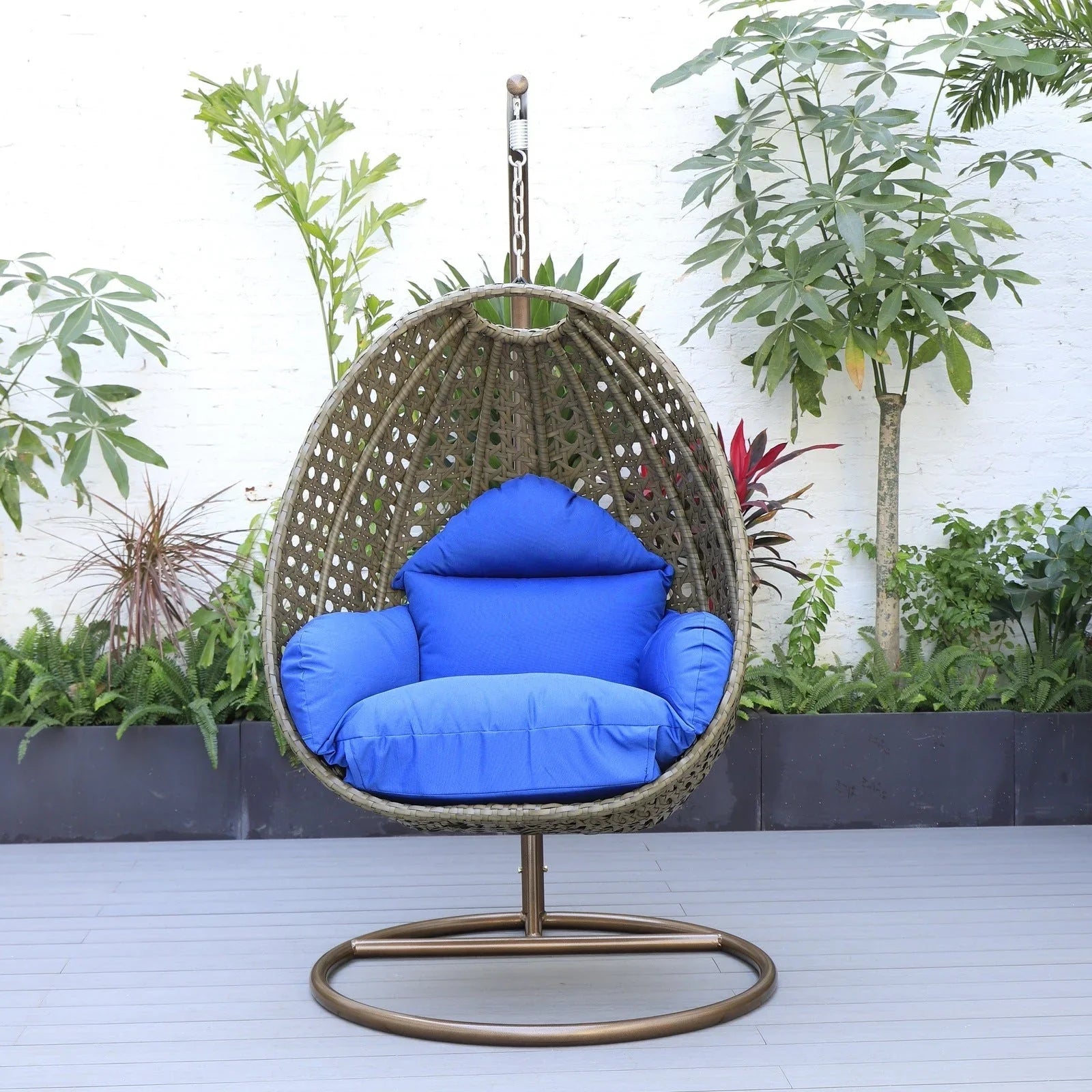 Beige Wicker Hanging Single Egg Swing Chair With Cushions - Elax Furniture