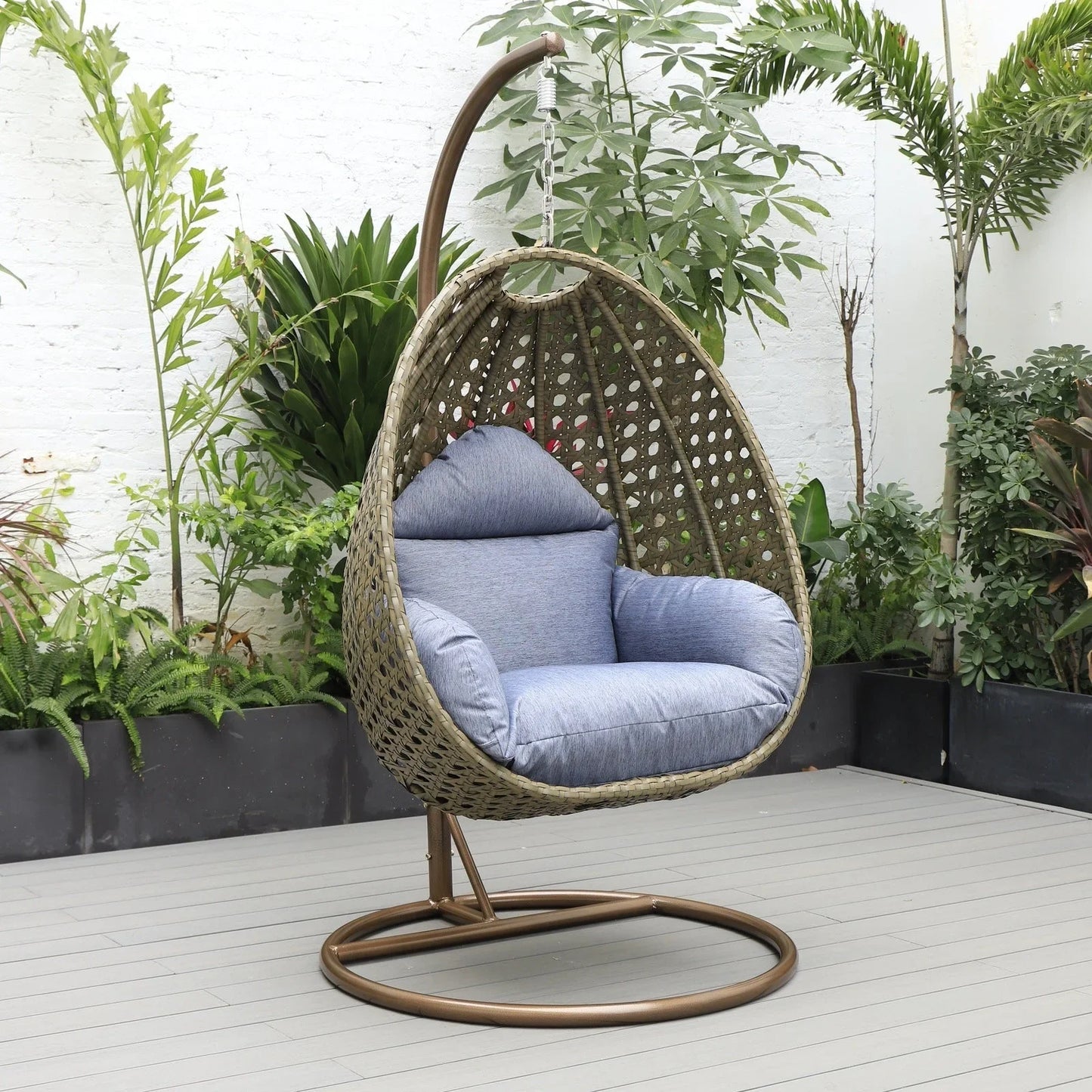 Beige Wicker Hanging Single Egg Swing Chair With Cushions - Elax Furniture