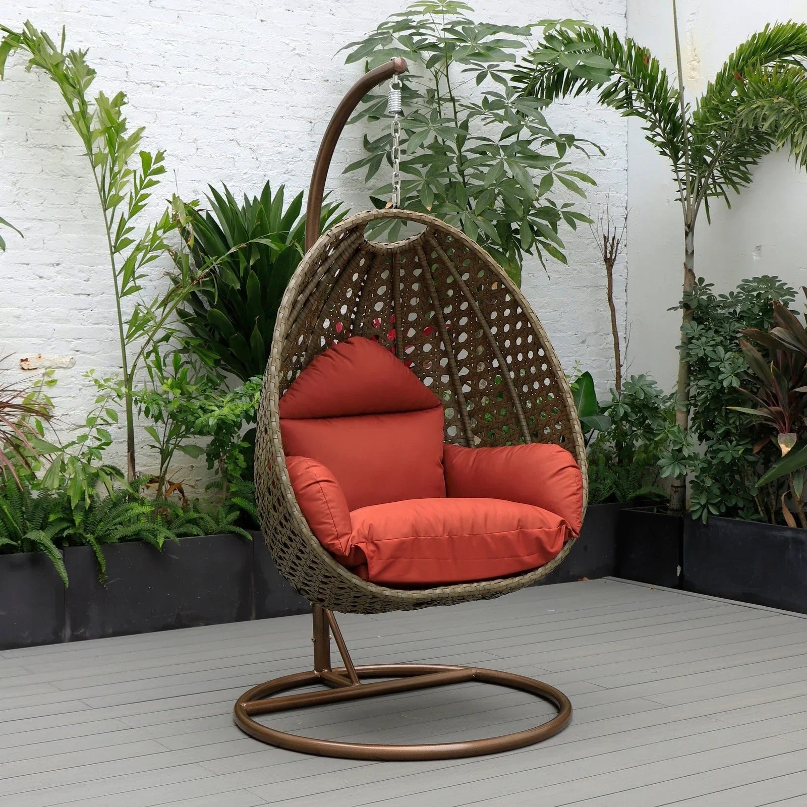 Beige Wicker Hanging Single Egg Swing Chair With Cushions - Elax Furniture
