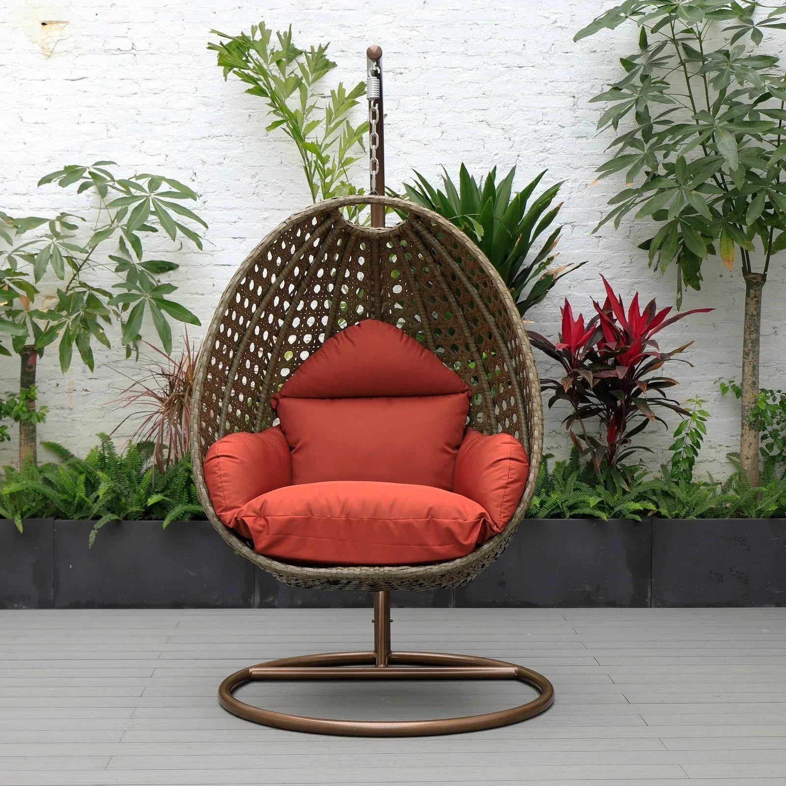 Beige Wicker Hanging Single Egg Swing Chair With Cushions - Elax Furniture