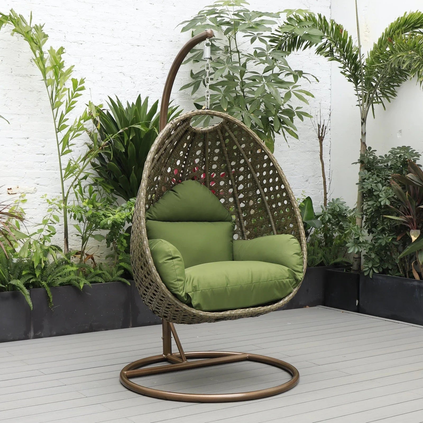 Beige Wicker Hanging Single Egg Swing Chair With Cushions - Elax Furniture