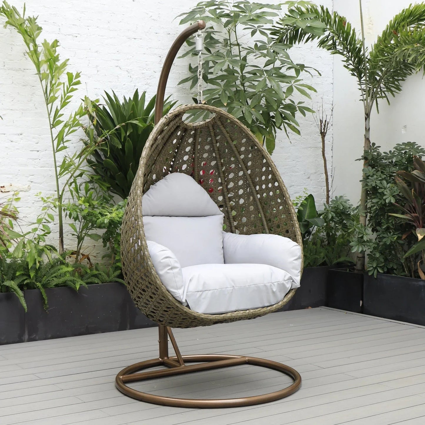Beige Wicker Hanging Single Egg Swing Chair With Cushions - Elax Furniture