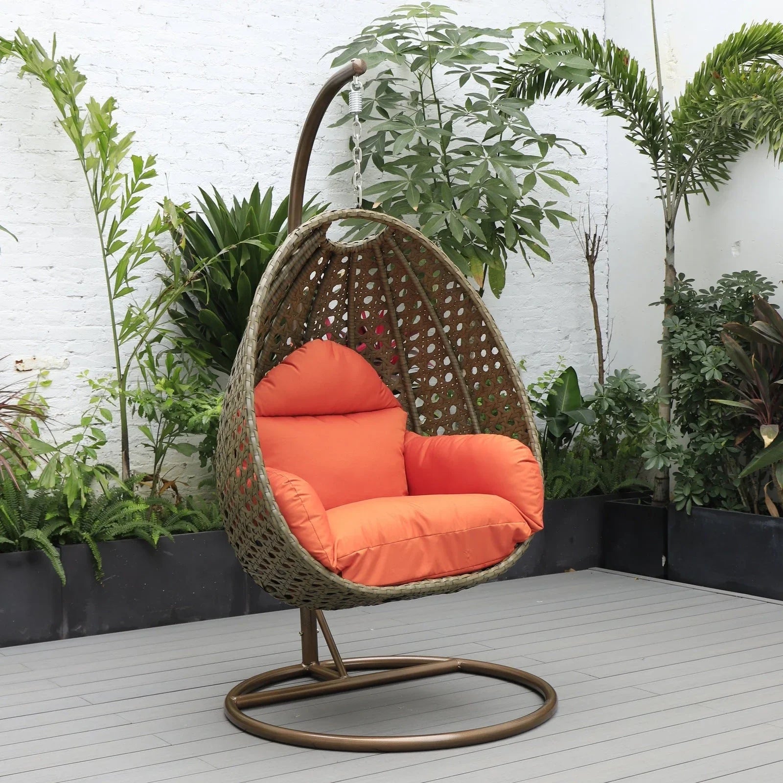 Beige Wicker Hanging Single Egg Swing Chair With Cushions - Elax Furniture