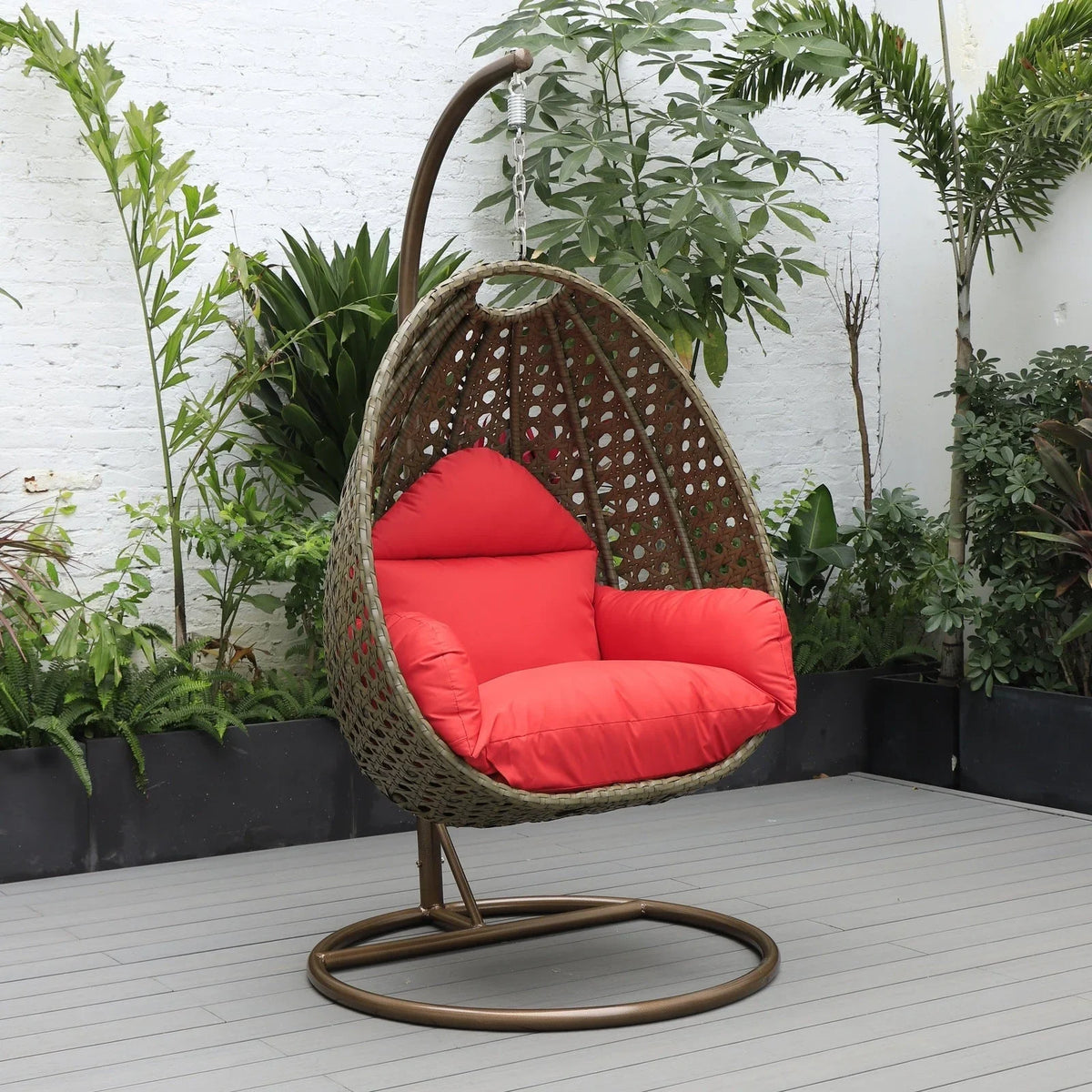 Beige Wicker Hanging Single Egg Swing Chair With Cushions - Elax Furniture