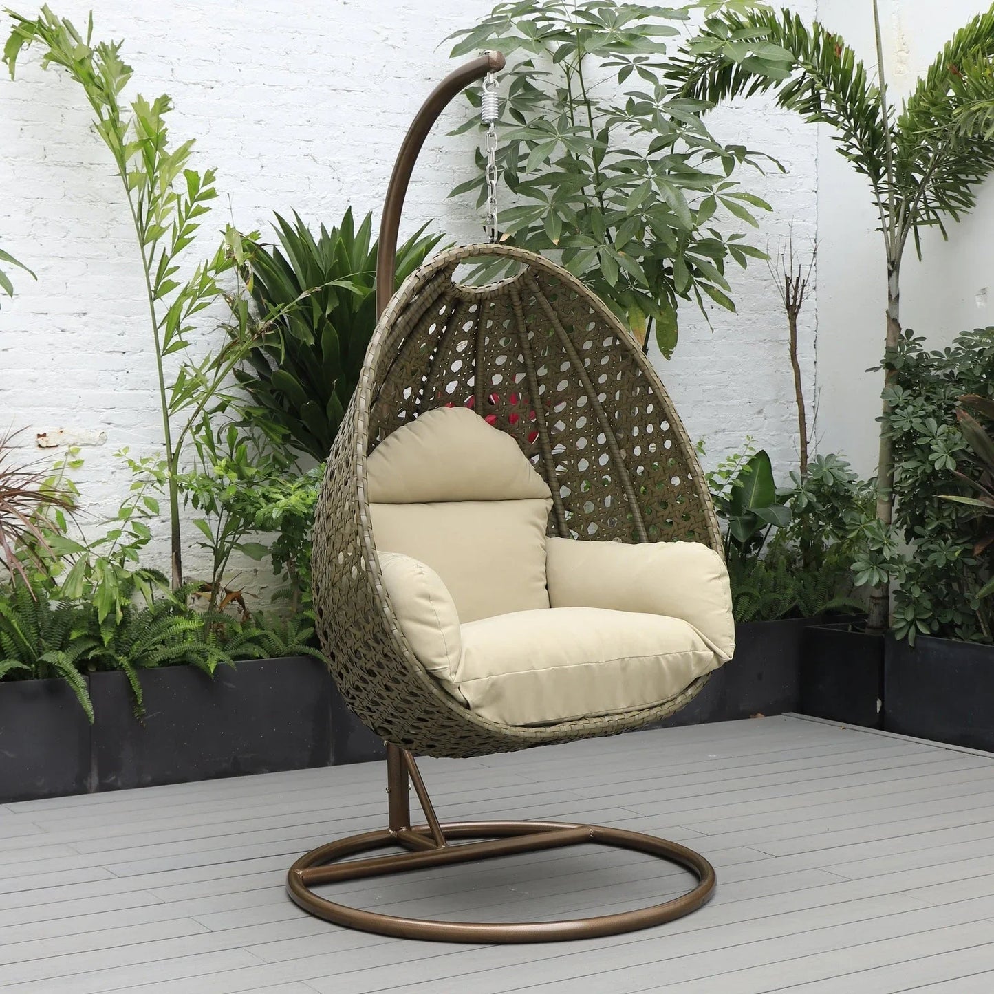 Beige Wicker Hanging Single Egg Swing Chair With Cushions - Elax Furniture
