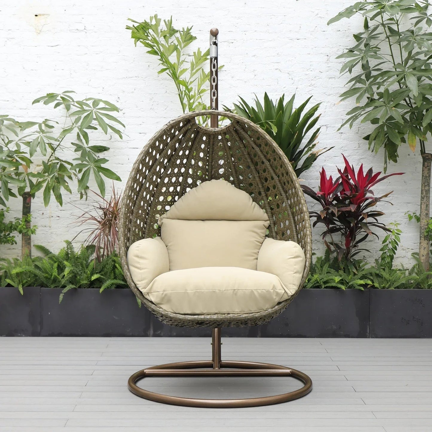 Beige Wicker Hanging Single Egg Swing Chair With Cushions - Elax Furniture