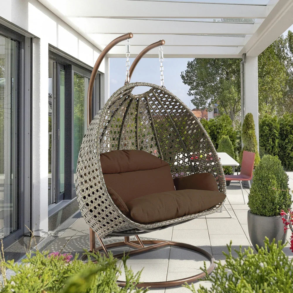 Modern Beige Wicker Hanging Double Seater Egg Swing Chair - Elax Furniture