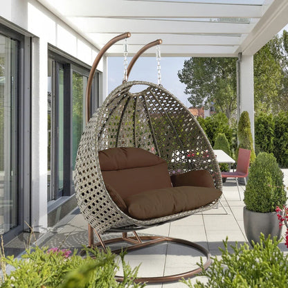 Modern Beige Wicker Hanging Double Seater Egg Swing Chair - Elax Furniture