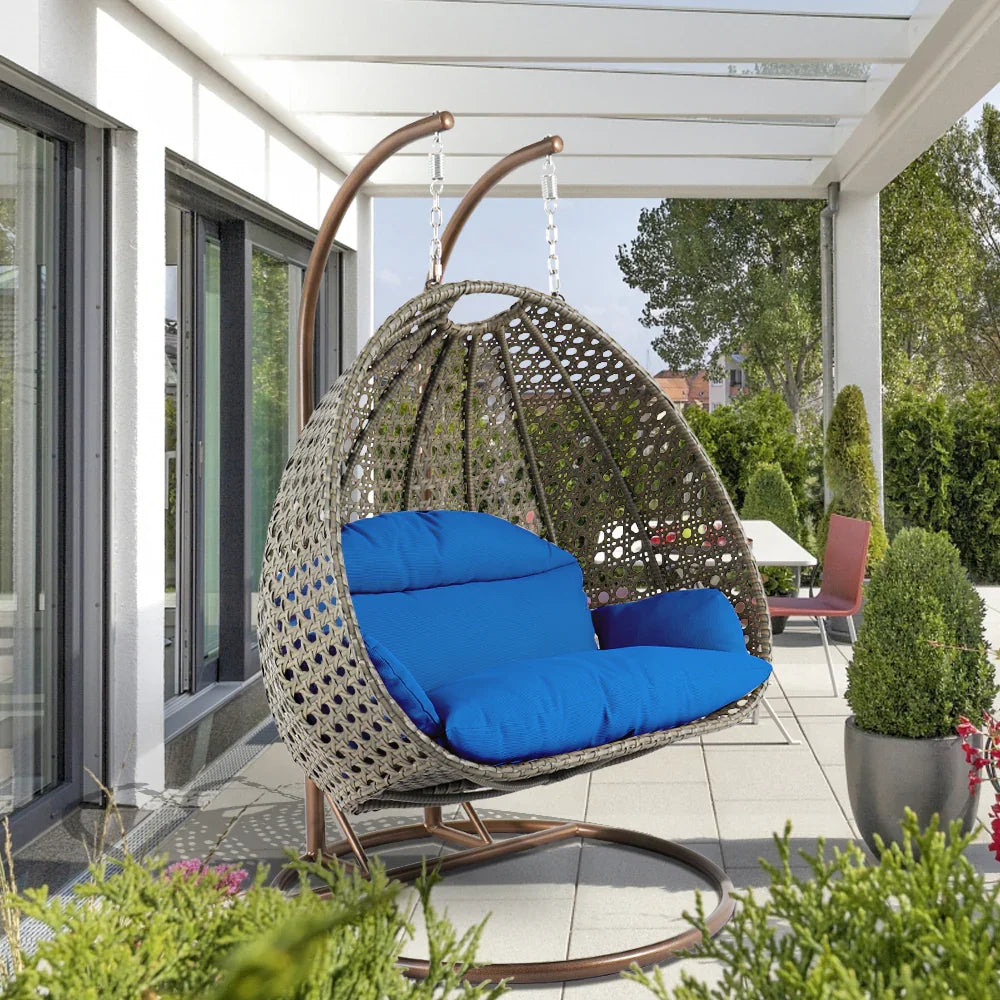 Modern Beige Wicker Hanging Double Seater Egg Swing Chair - Elax Furniture