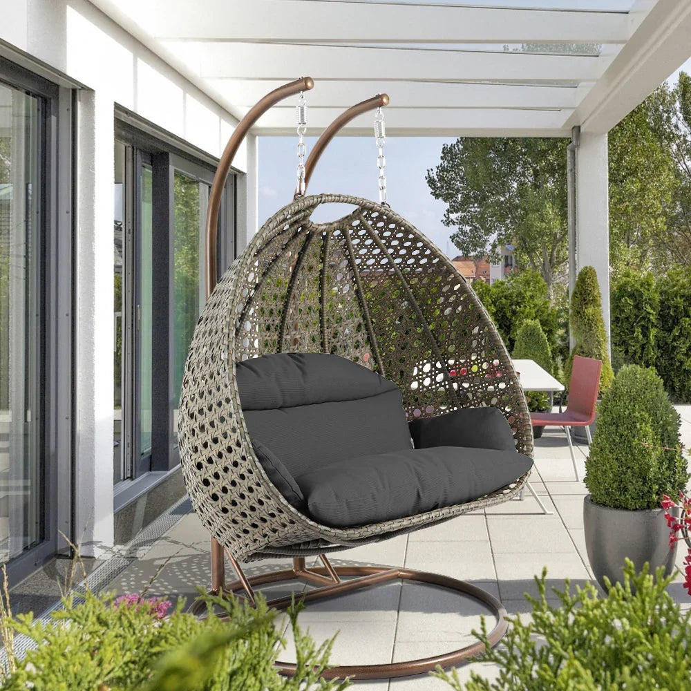 Modern Beige Wicker Hanging Double Seater Egg Swing Chair - Elax Furniture