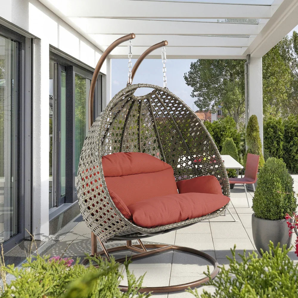 Modern Beige Wicker Hanging Double Seater Egg Swing Chair - Elax Furniture