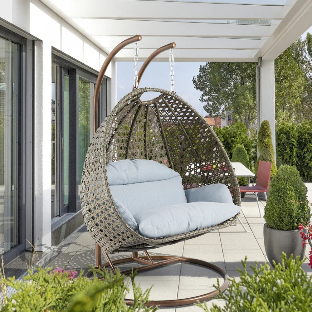 Modern Beige Wicker Hanging Double Seater Egg Swing Chair - Elax Furniture