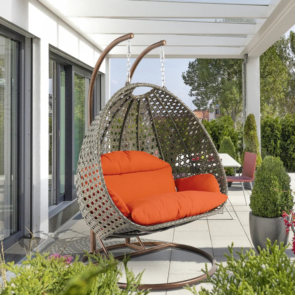 Modern Beige Wicker Hanging Double Seater Egg Swing Chair - Elax Furniture