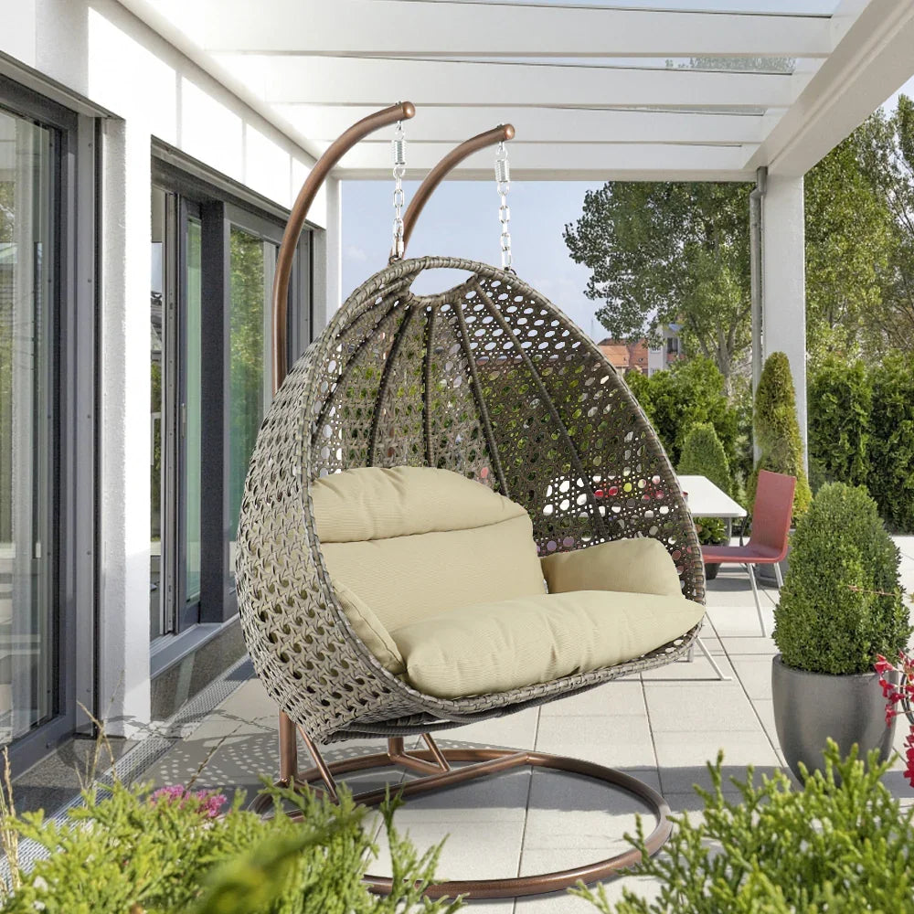 Modern Beige Wicker Hanging Double Seater Egg Swing Chair - Elax Furniture