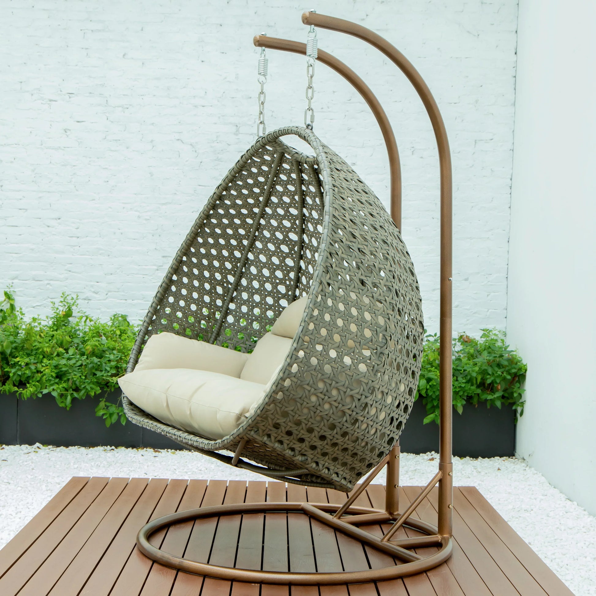 Modern Beige Wicker Hanging Double Seater Egg Swing Chair - Elax Furniture