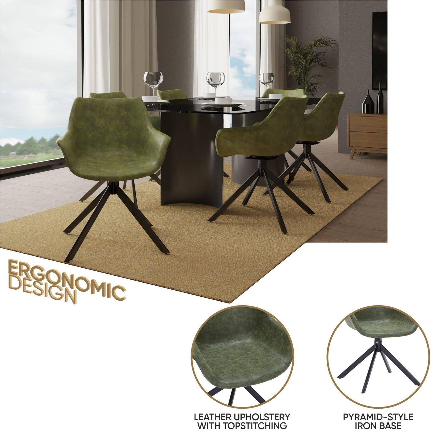 Markley Dining Chair Upholstered in Leather 360-Degree Swivel Armchair - Elax Furniture