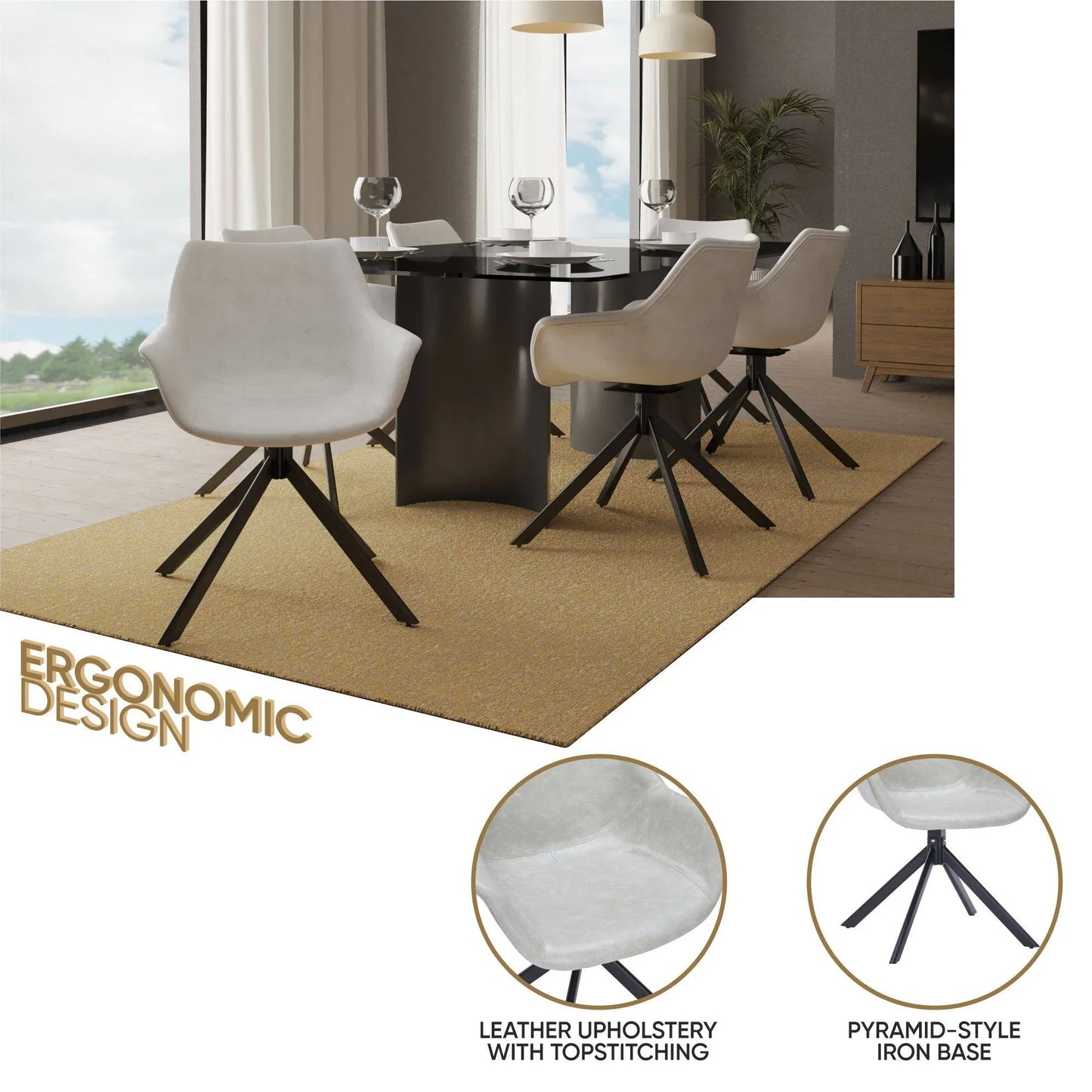 Markley Dining Chair Upholstered in Leather 360-Degree Swivel Armchair - Elax Furniture