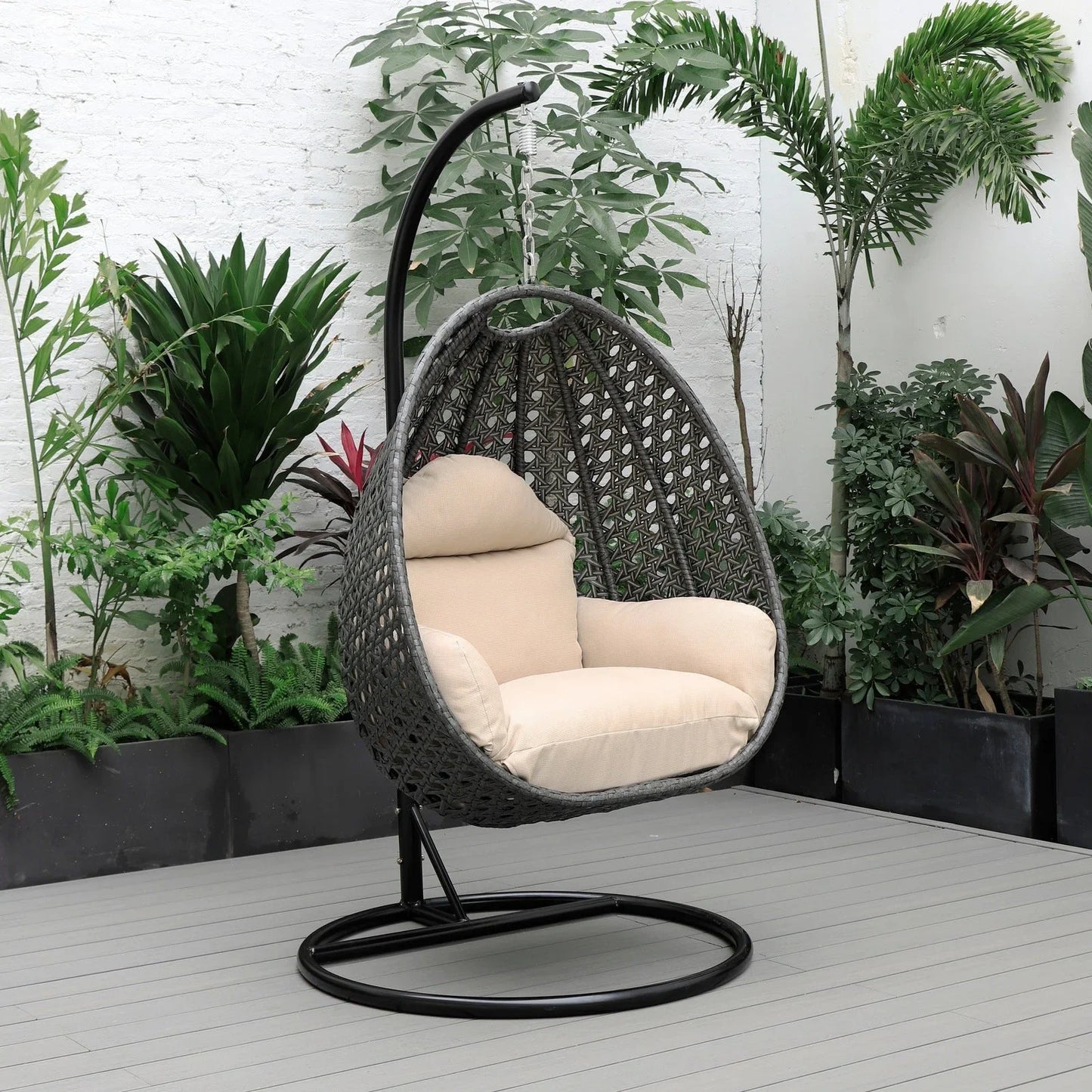 Charcoal Wicker Hanging Single Egg Swing Chair With Cushions - Elax Furniture