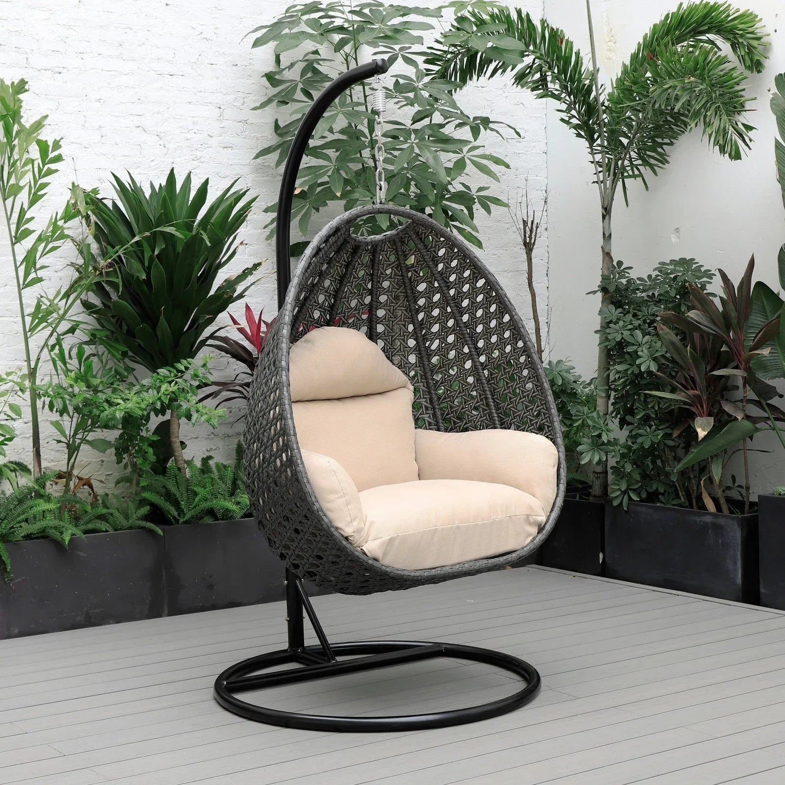 Charcoal Wicker Hanging Single Egg Swing Chair With Cushions - Elax Furniture