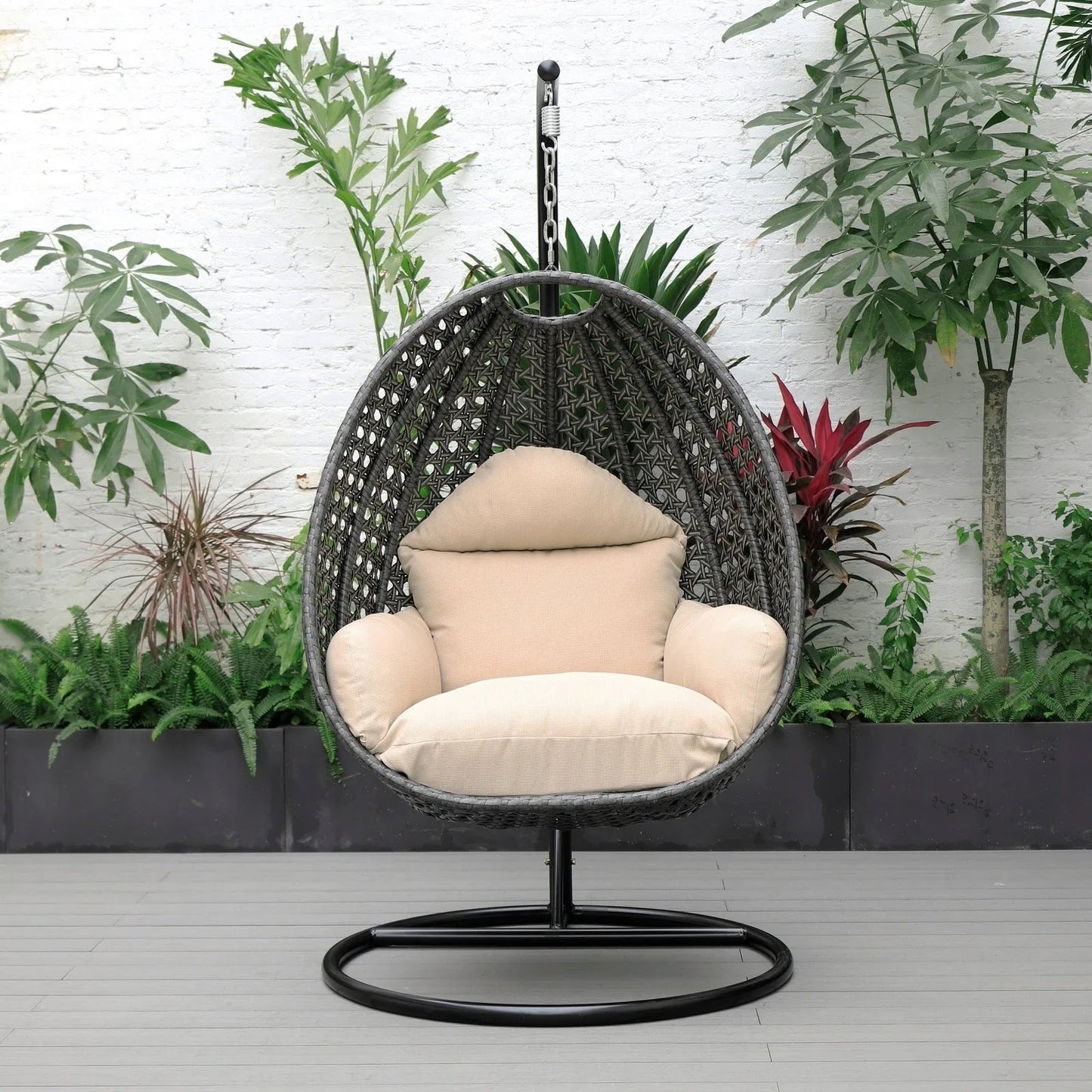 Charcoal Wicker Hanging Single Egg Swing Chair With Cushions - Elax Furniture