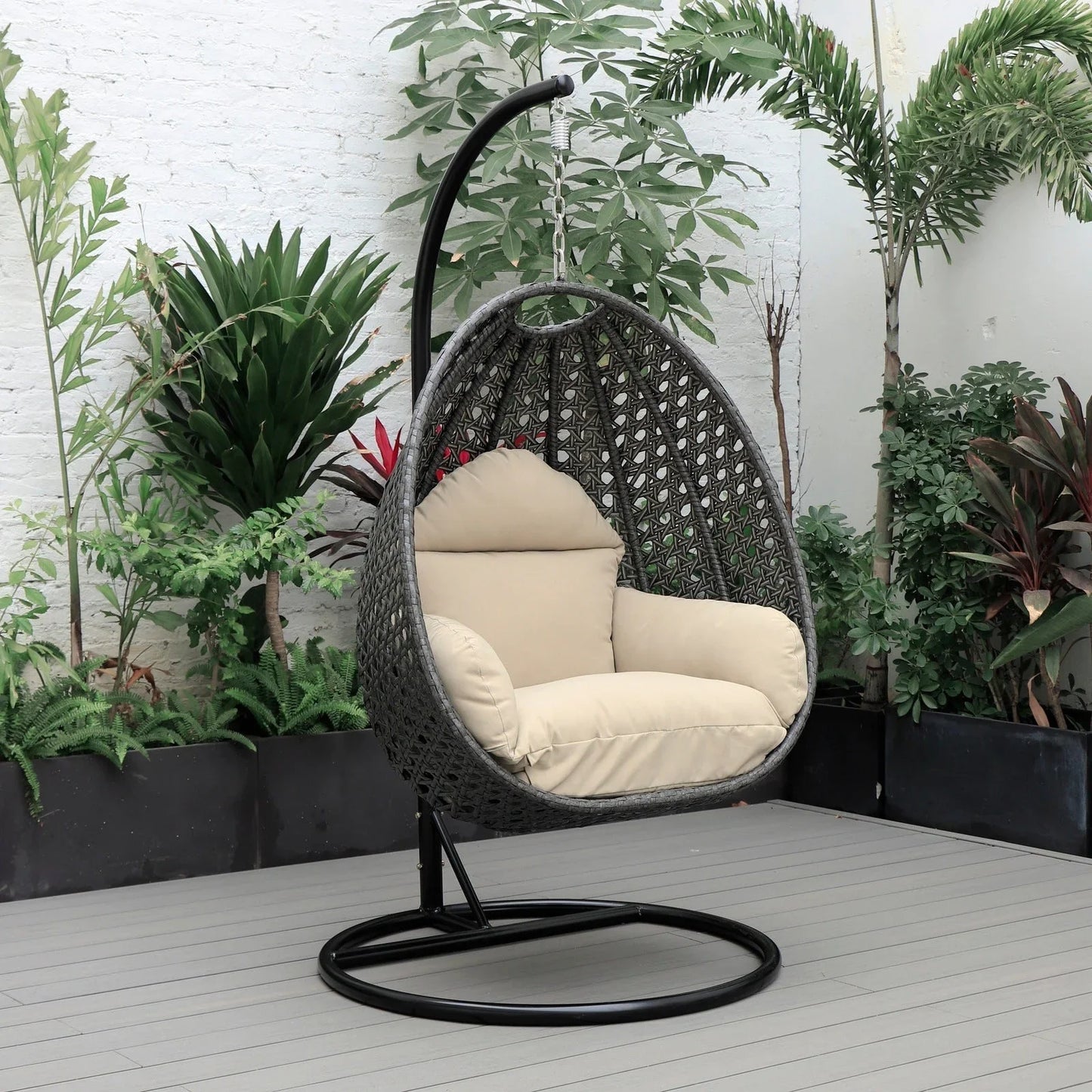 Charcoal Wicker Hanging Single Egg Swing Chair With Cushions - Elax Furniture