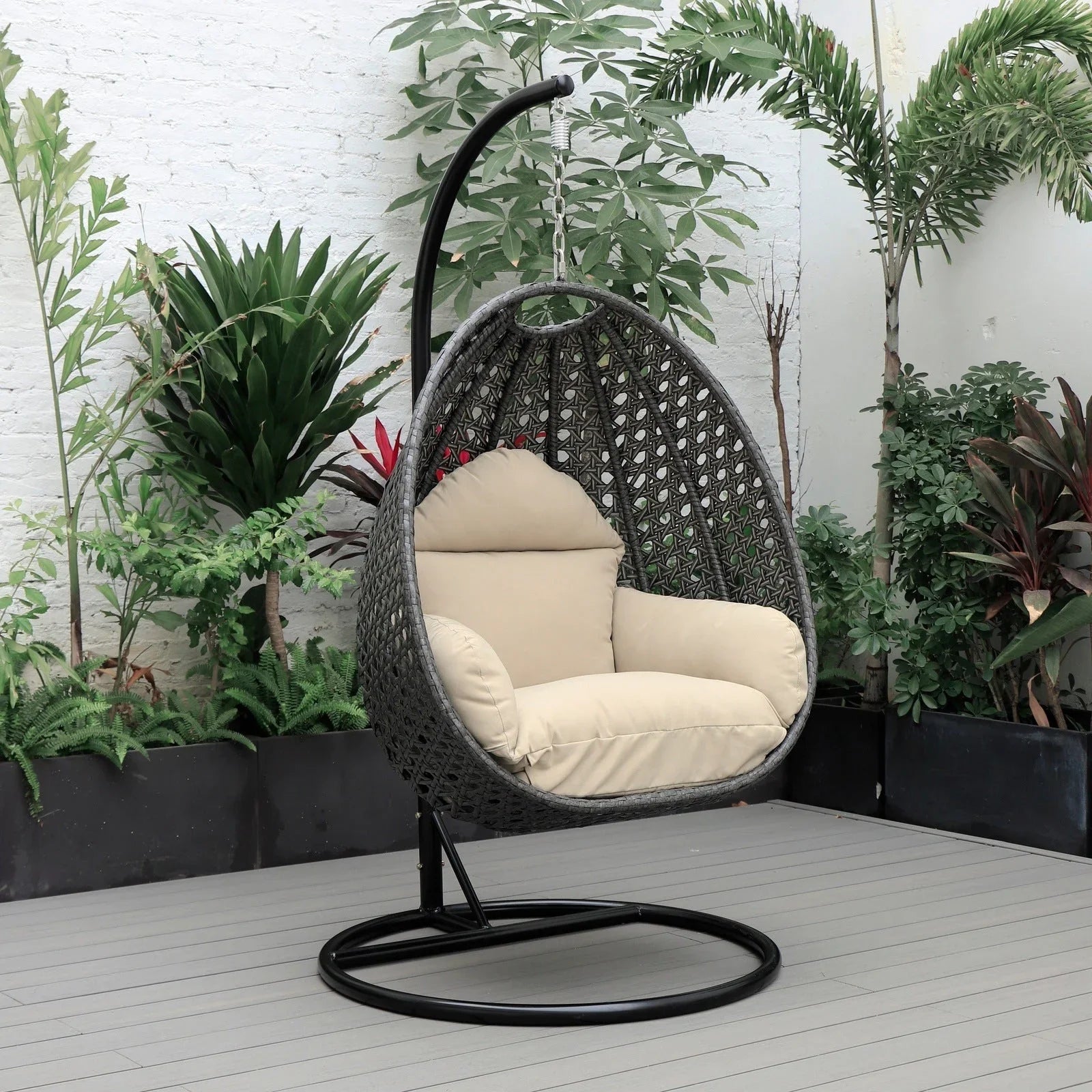 Charcoal Wicker Hanging Single Egg Swing Chair With Cushions - Elax Furniture