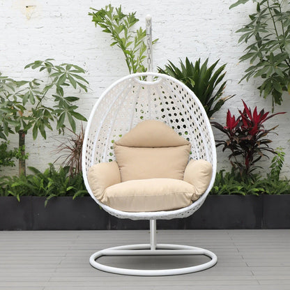 White Wicker Hanging Single Egg Swing Chair With Cushions - Elax Furniture