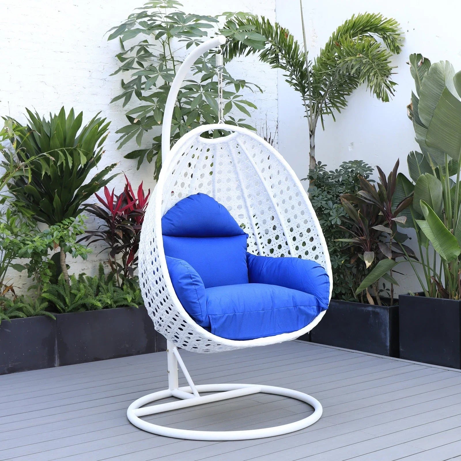 White Wicker Hanging Single Egg Swing Chair With Cushions - Elax Furniture