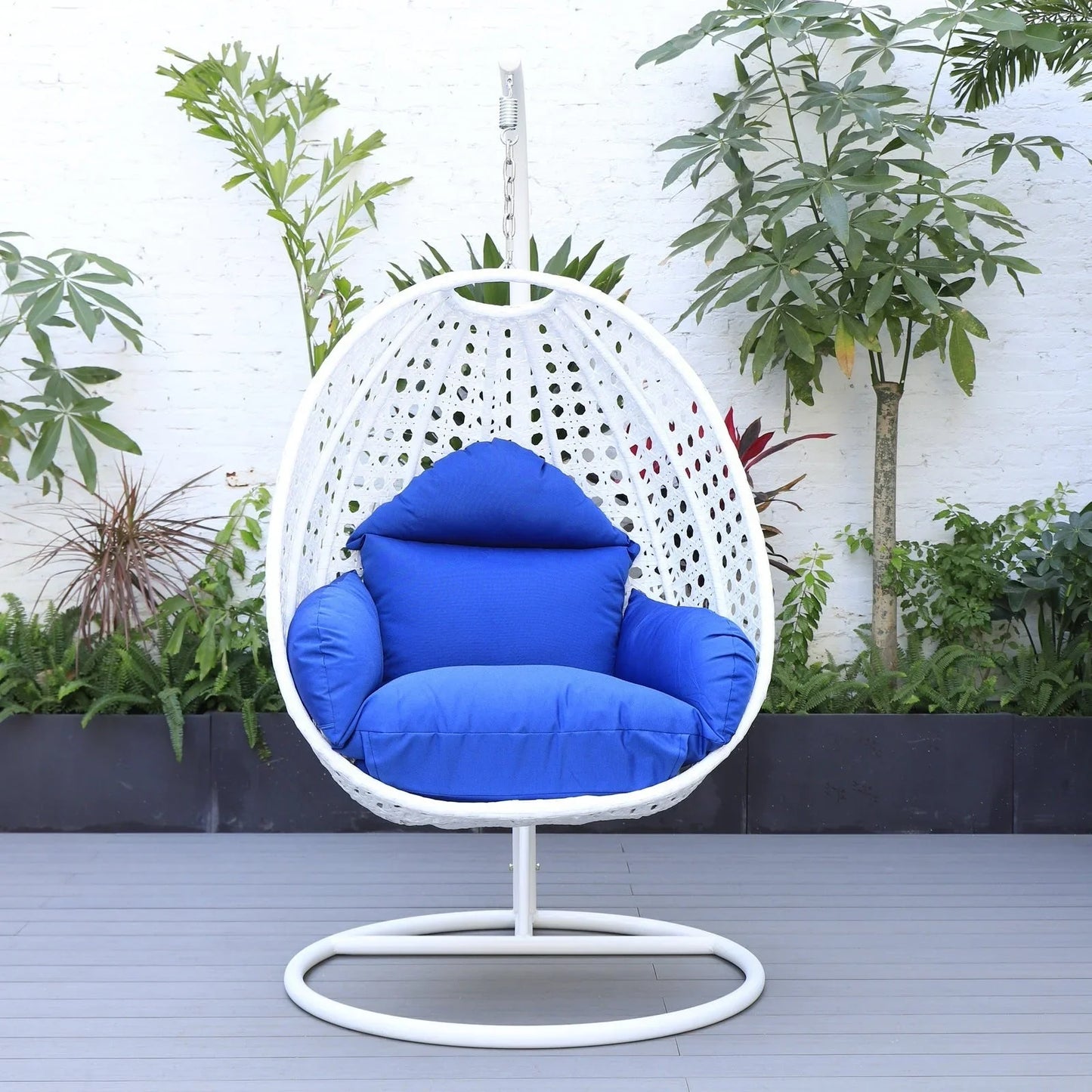 White Wicker Hanging Single Egg Swing Chair With Cushions - Elax Furniture