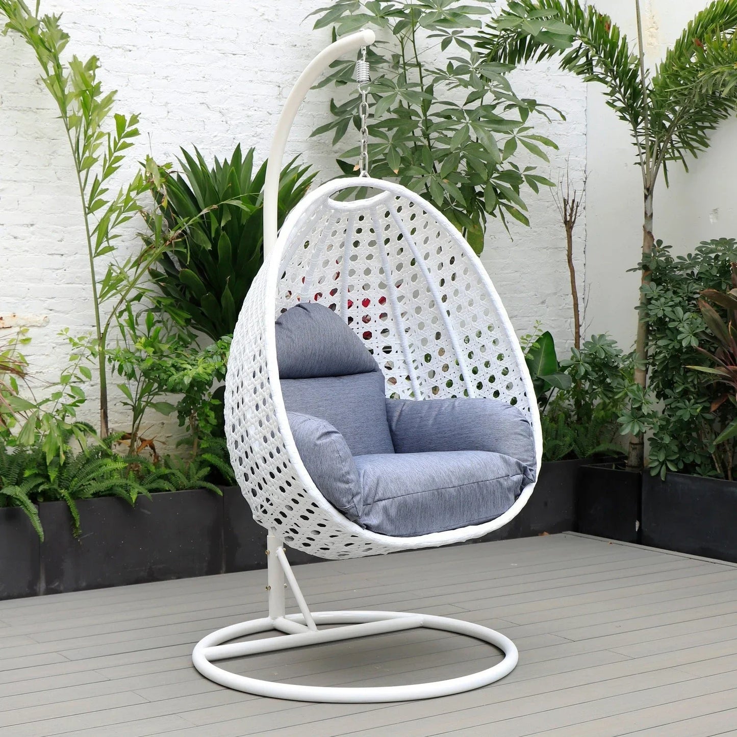 White Wicker Hanging Single Egg Swing Chair With Cushions - Elax Furniture