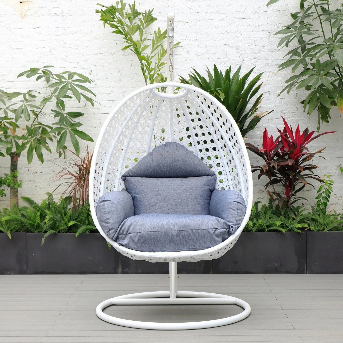 White Wicker Hanging Single Egg Swing Chair With Cushions - Elax Furniture