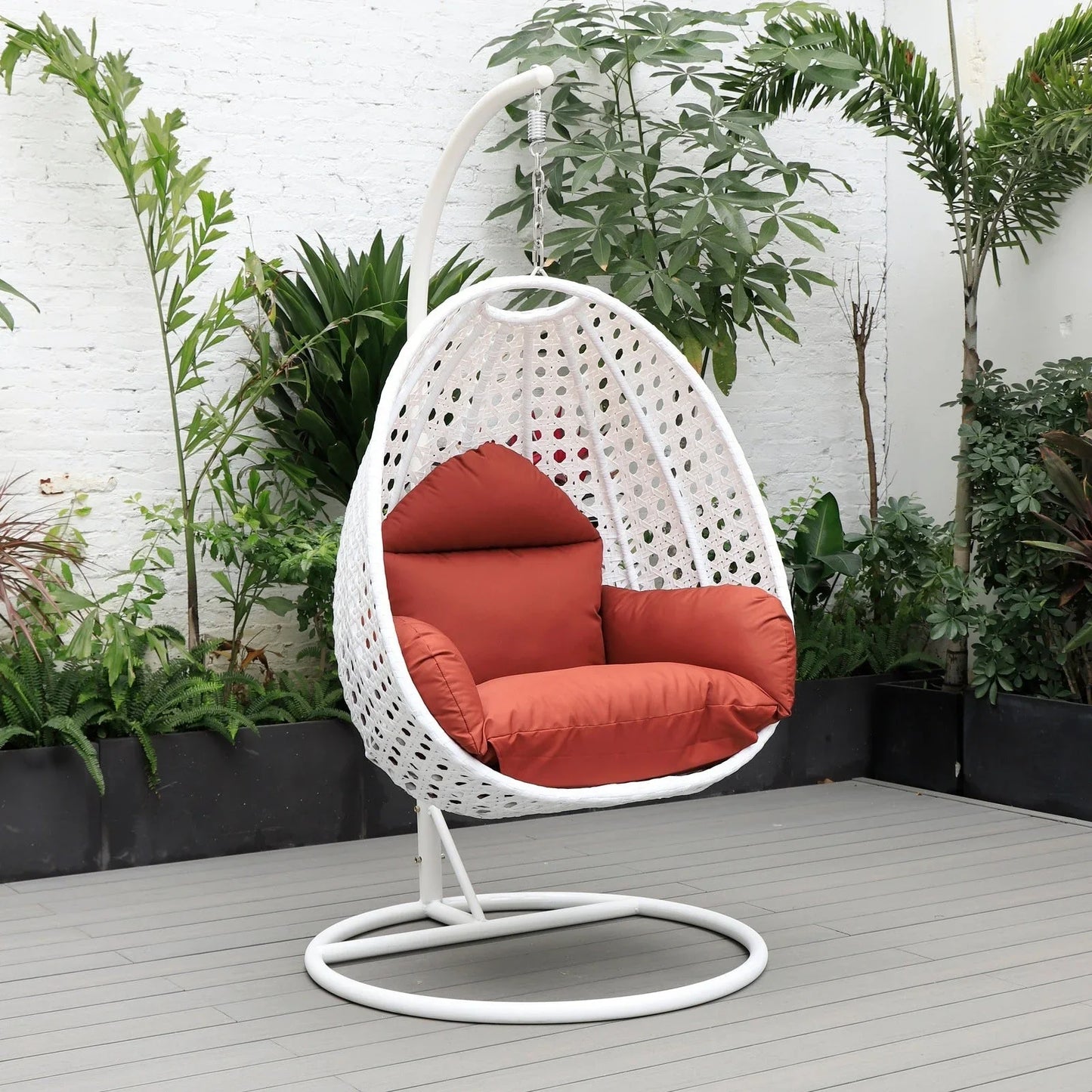 White Wicker Hanging Single Egg Swing Chair With Cushions - Elax Furniture