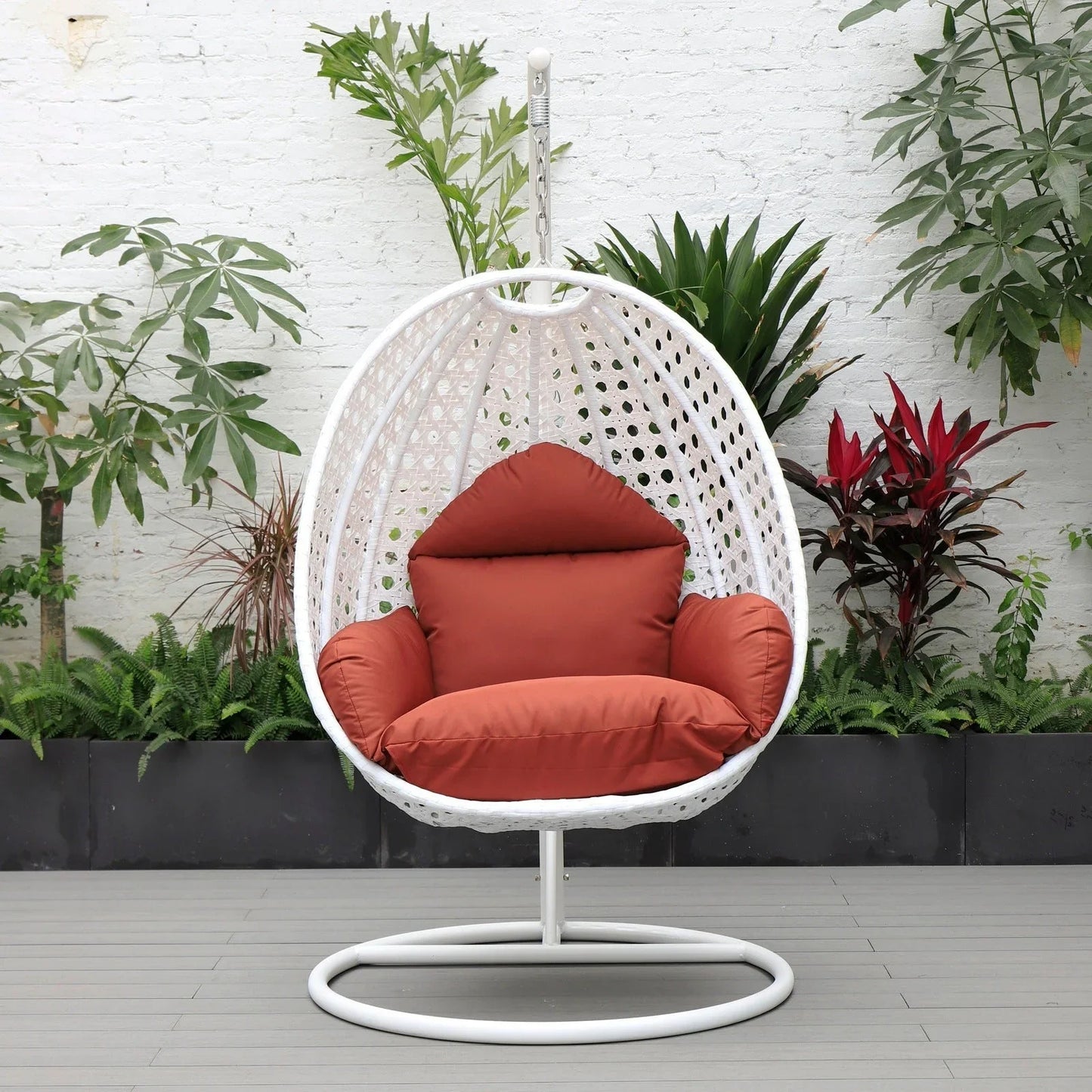 White Wicker Hanging Single Egg Swing Chair With Cushions - Elax Furniture