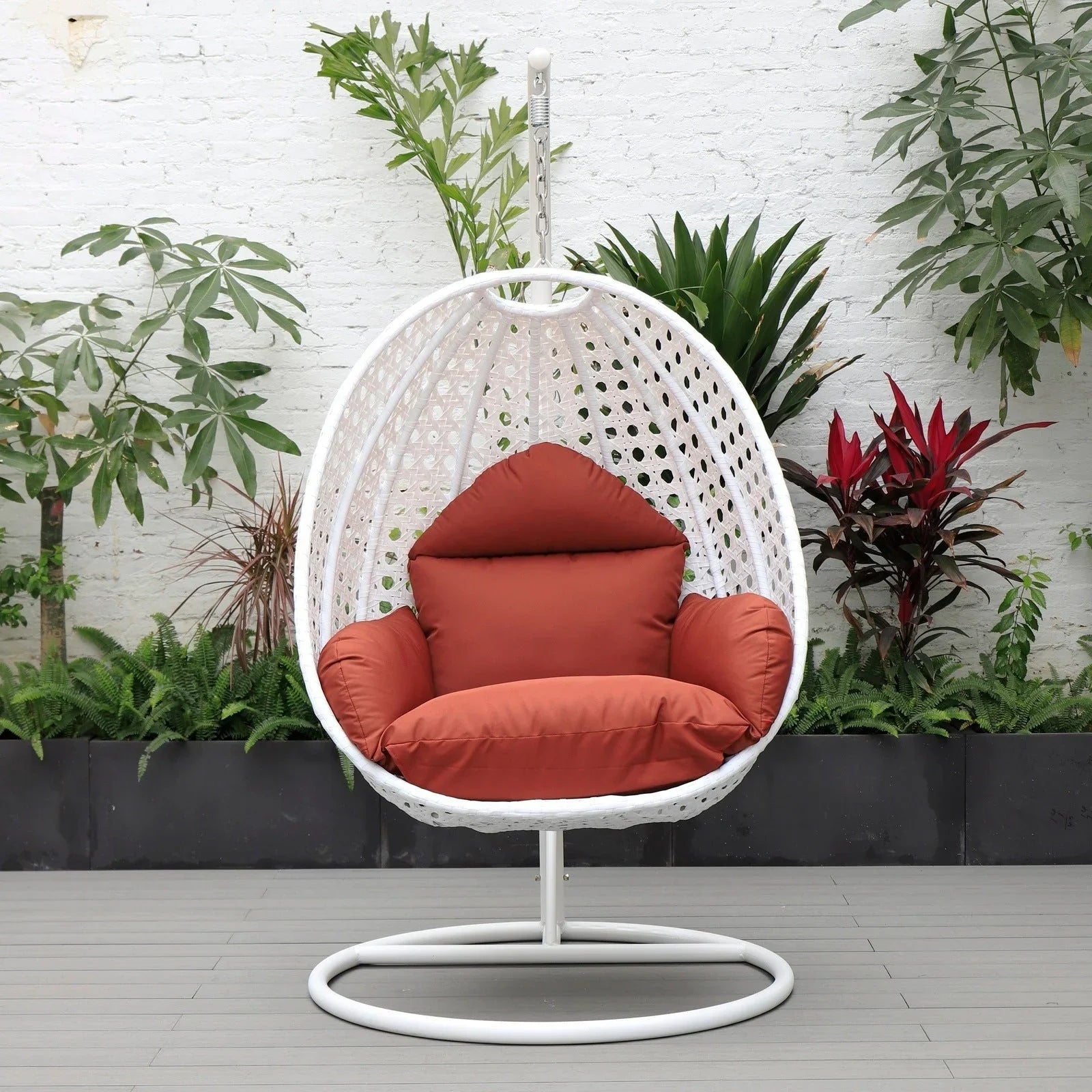 White Wicker Hanging Single Egg Swing Chair With Cushions - Elax Furniture
