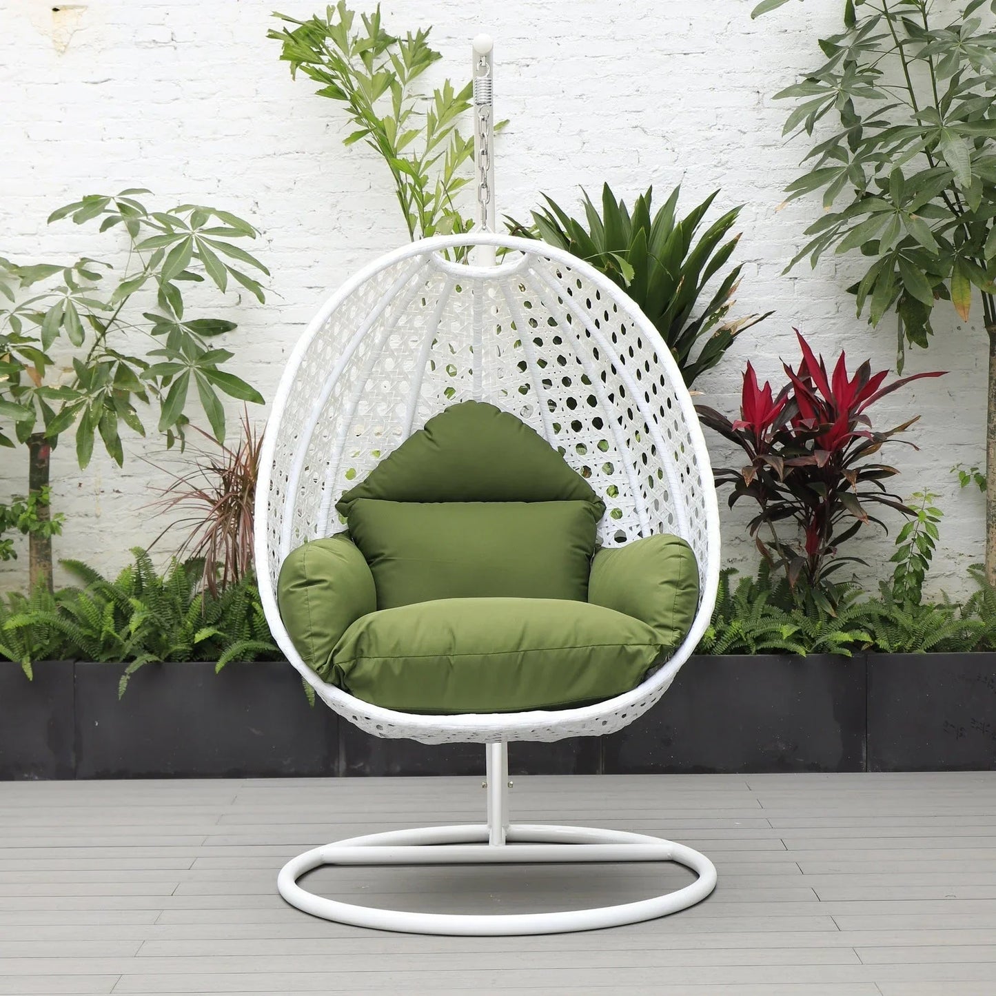 White Wicker Hanging Single Egg Swing Chair With Cushions - Elax Furniture