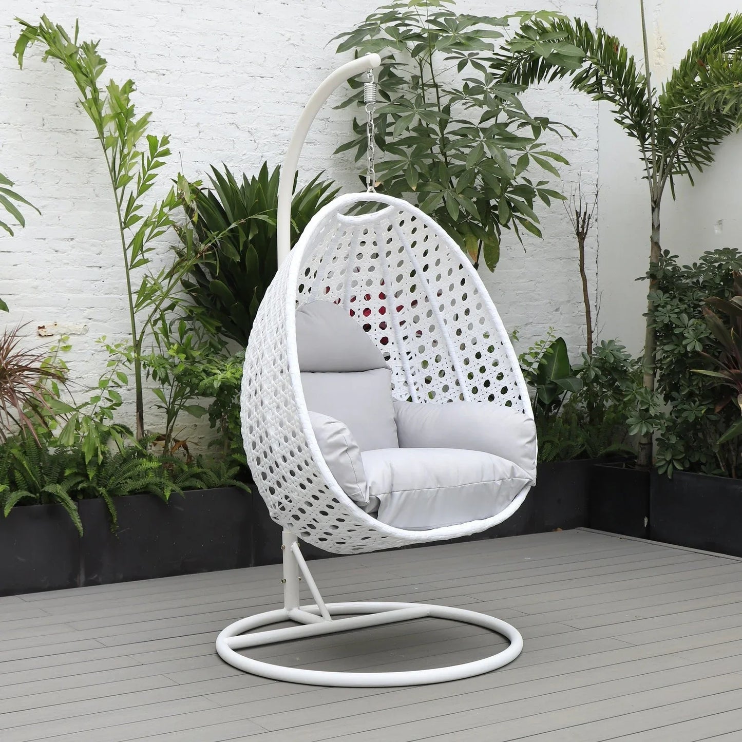 White Wicker Hanging Single Egg Swing Chair With Cushions - Elax Furniture