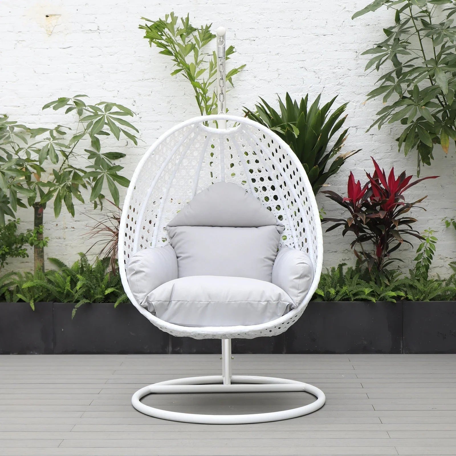 White Wicker Hanging Single Egg Swing Chair With Cushions - Elax Furniture