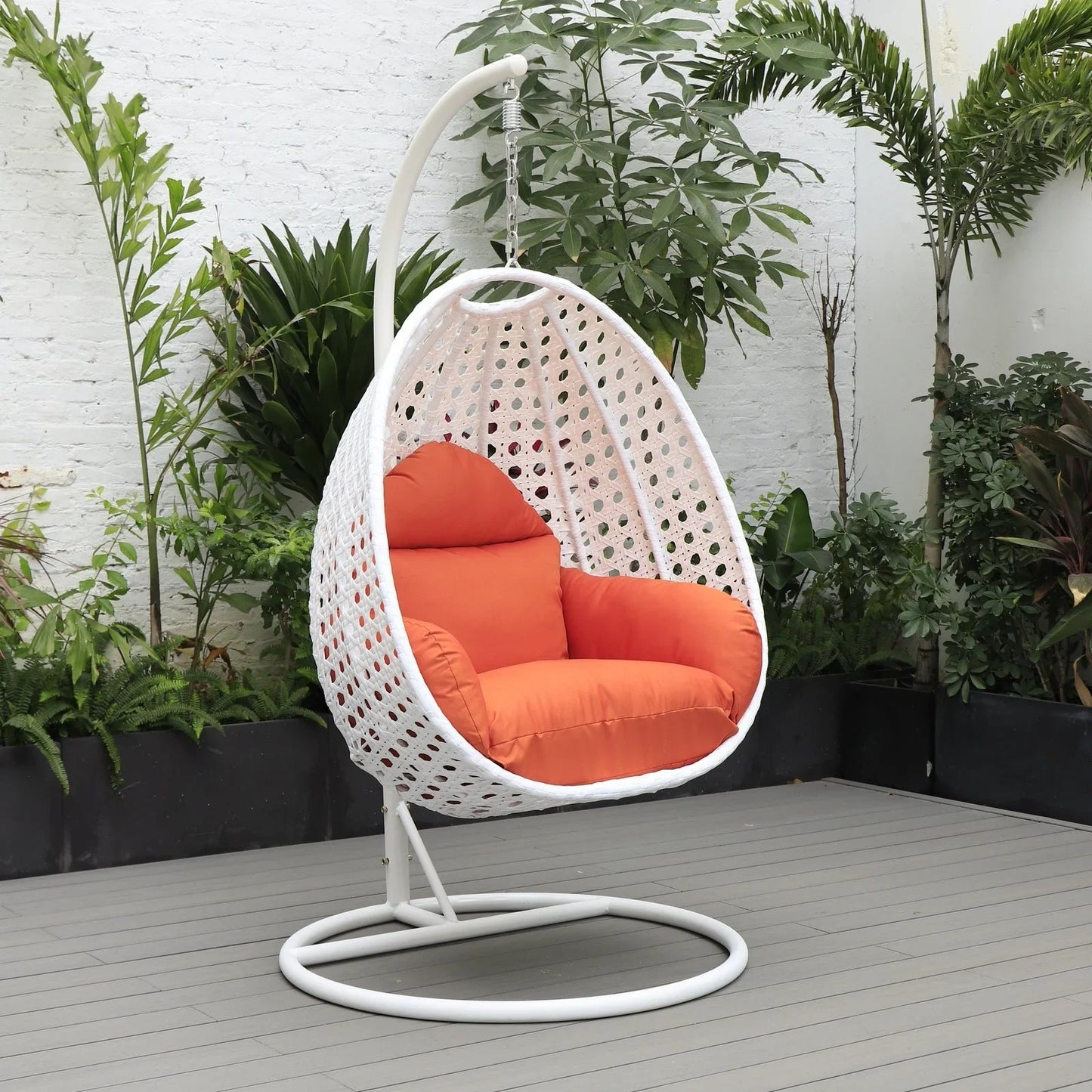 White Wicker Hanging Single Egg Swing Chair With Cushions - Elax Furniture