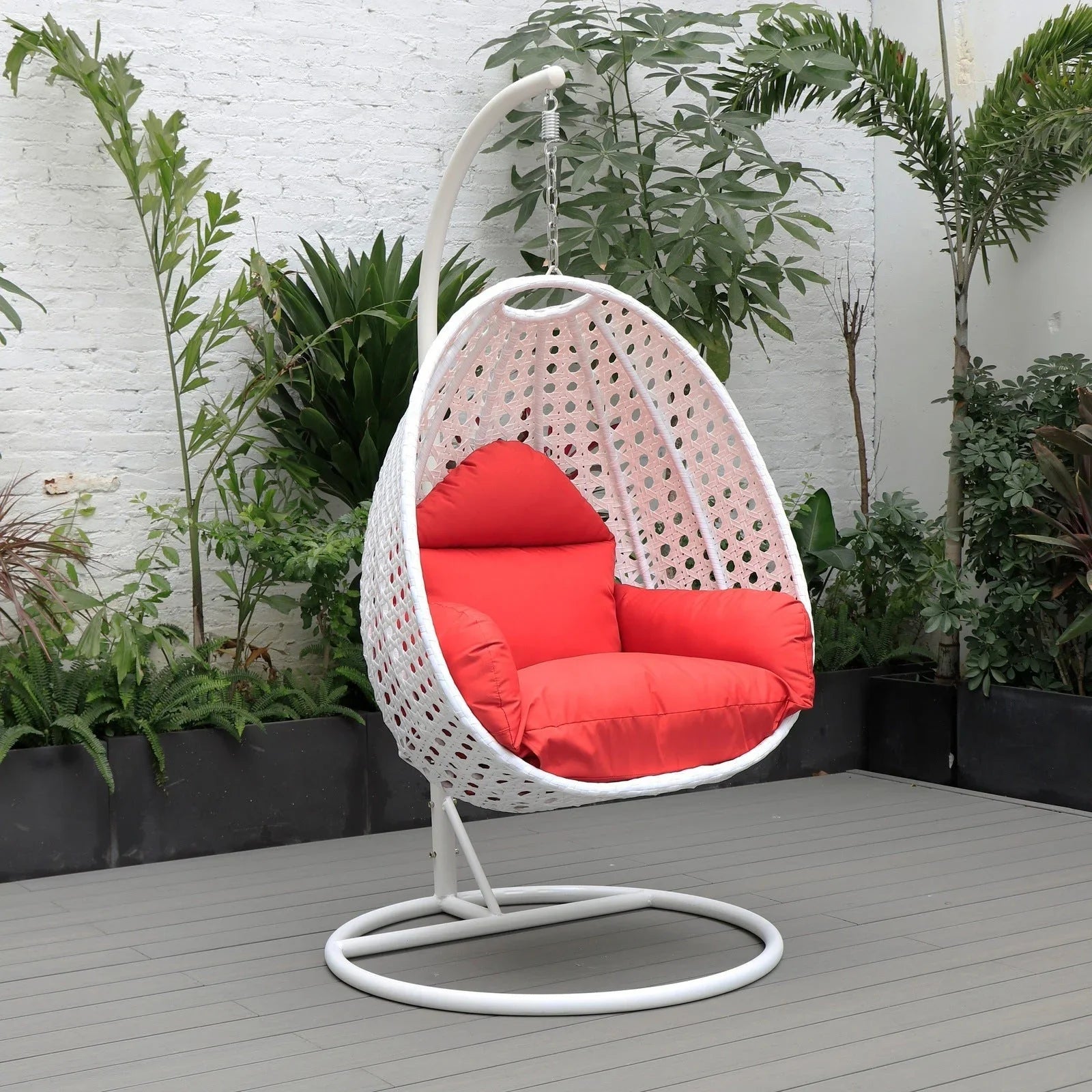 White Wicker Hanging Single Egg Swing Chair With Cushions - Elax Furniture