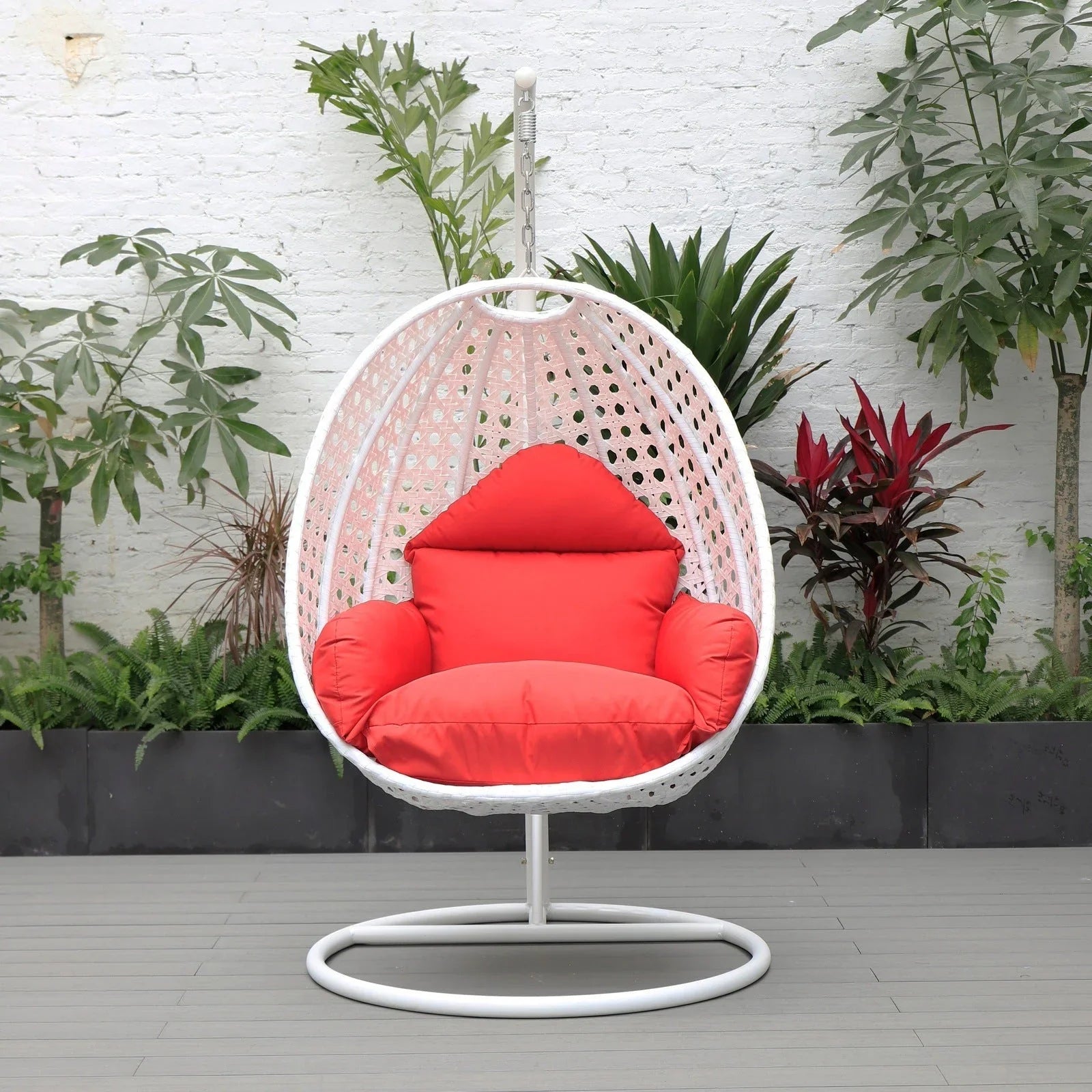 White Wicker Hanging Single Egg Swing Chair With Cushions - Elax Furniture